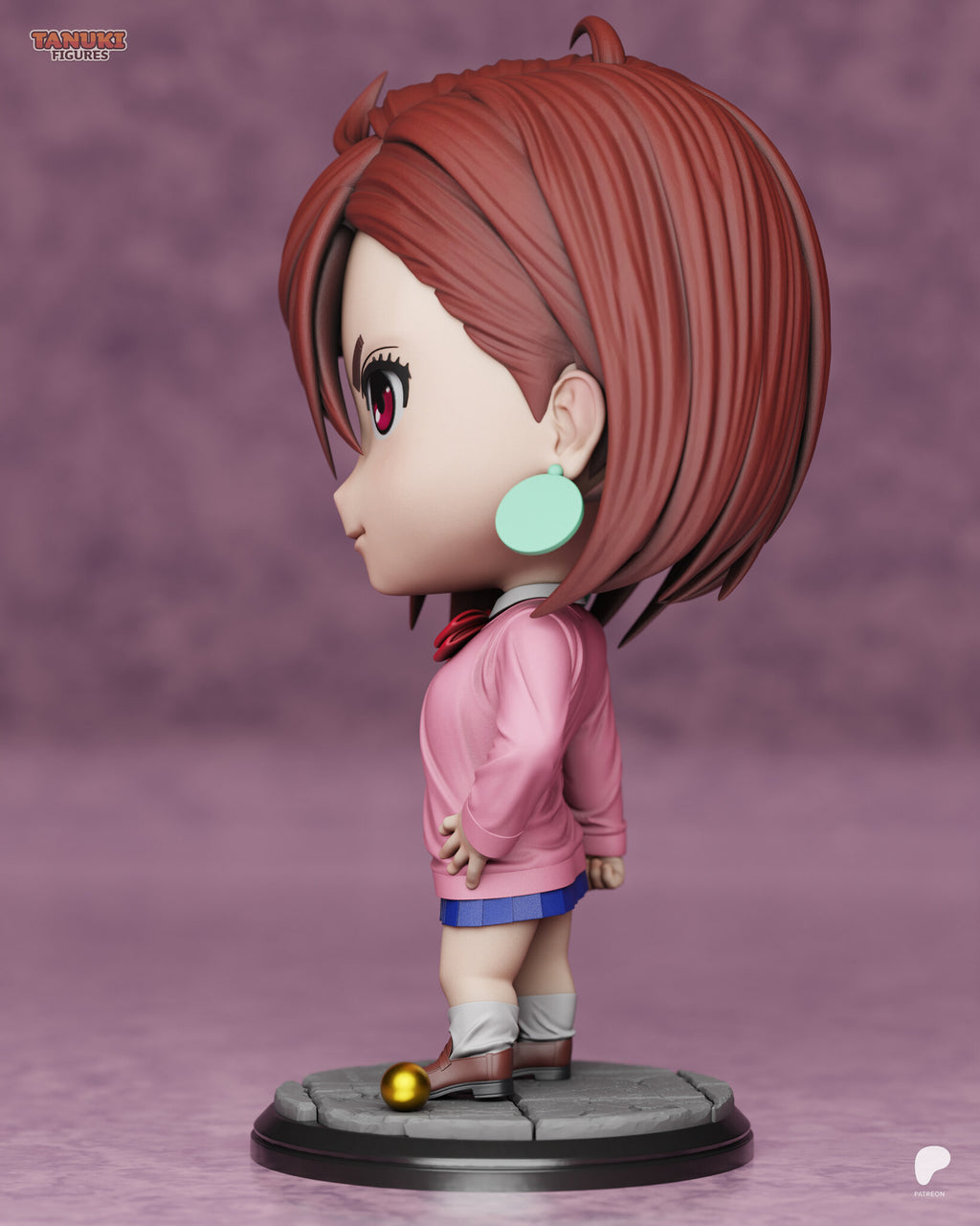 Sculptor's render (kit ships unpainted): side view showing the bob haircut, the disc earring and the small gold ball by her shoe