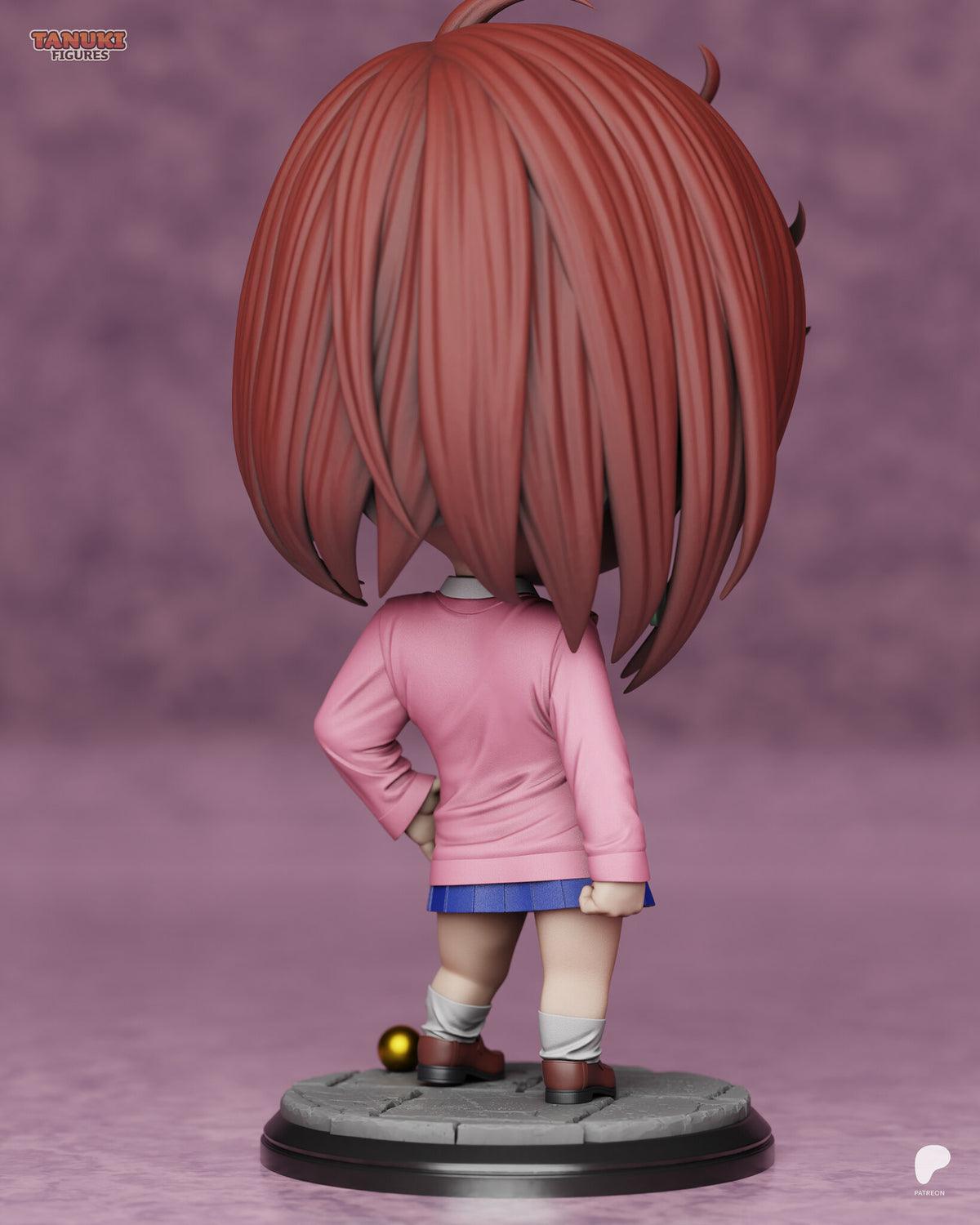 Sculptor's render (kit ships unpainted): back view of the full figure and the long grooved strands of the bob