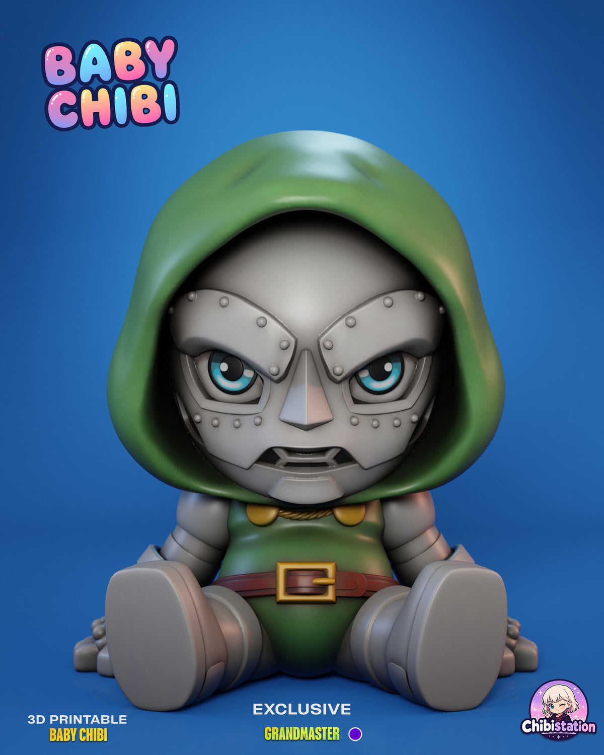 Sculptor's render of the painted design (kit ships unpainted): front view of the seated iron mask figure in a green hood with armored arms and boots