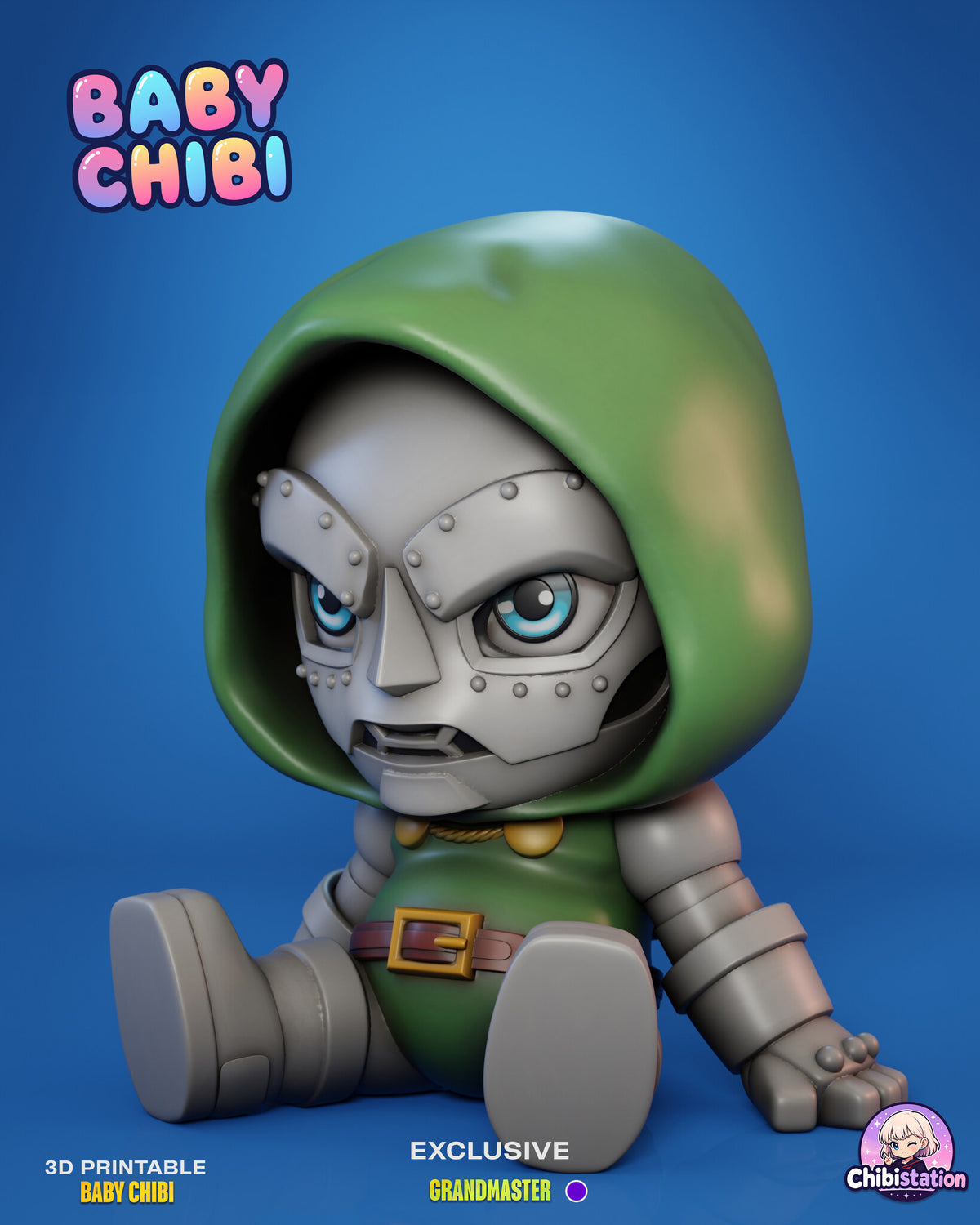 Sculptor's render (kit ships unpainted): three-quarter view of the iron mask figure with an armored hand flat on the floor
