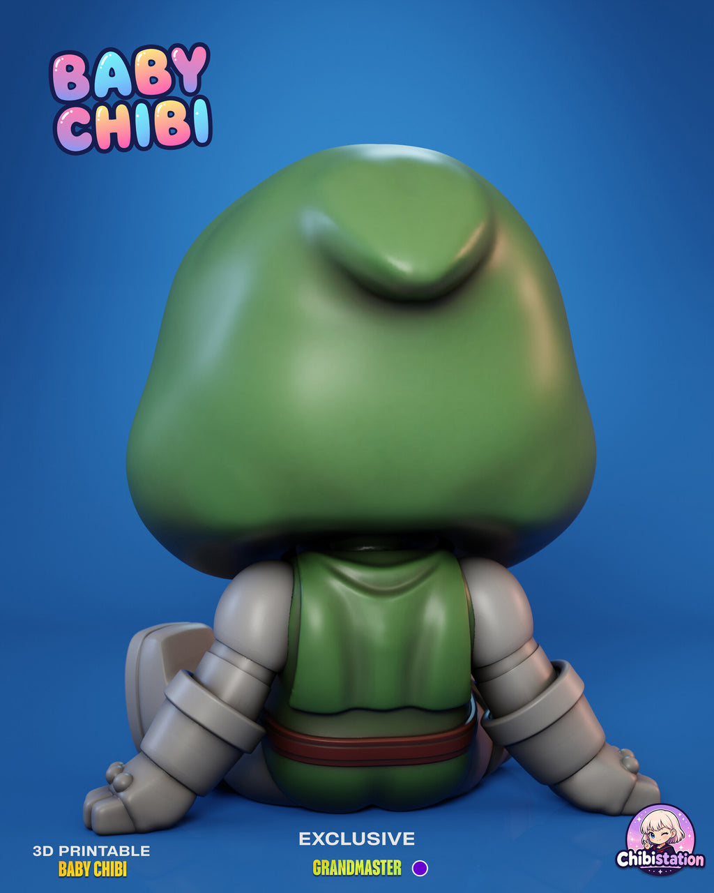 Sculptor's render (kit ships unpainted): back view of the iron mask figure showing the rounded green hood and tunic panel