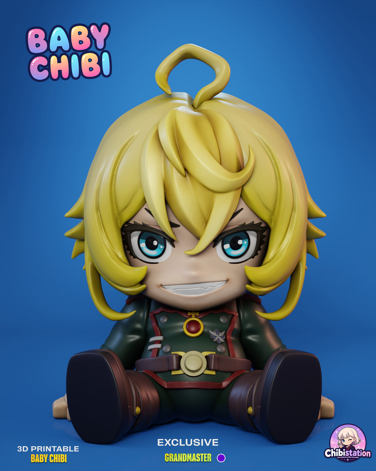 Sculptor's render (kit ships unpainted): front view of the seated blonde officer in a green military jacket, grinning