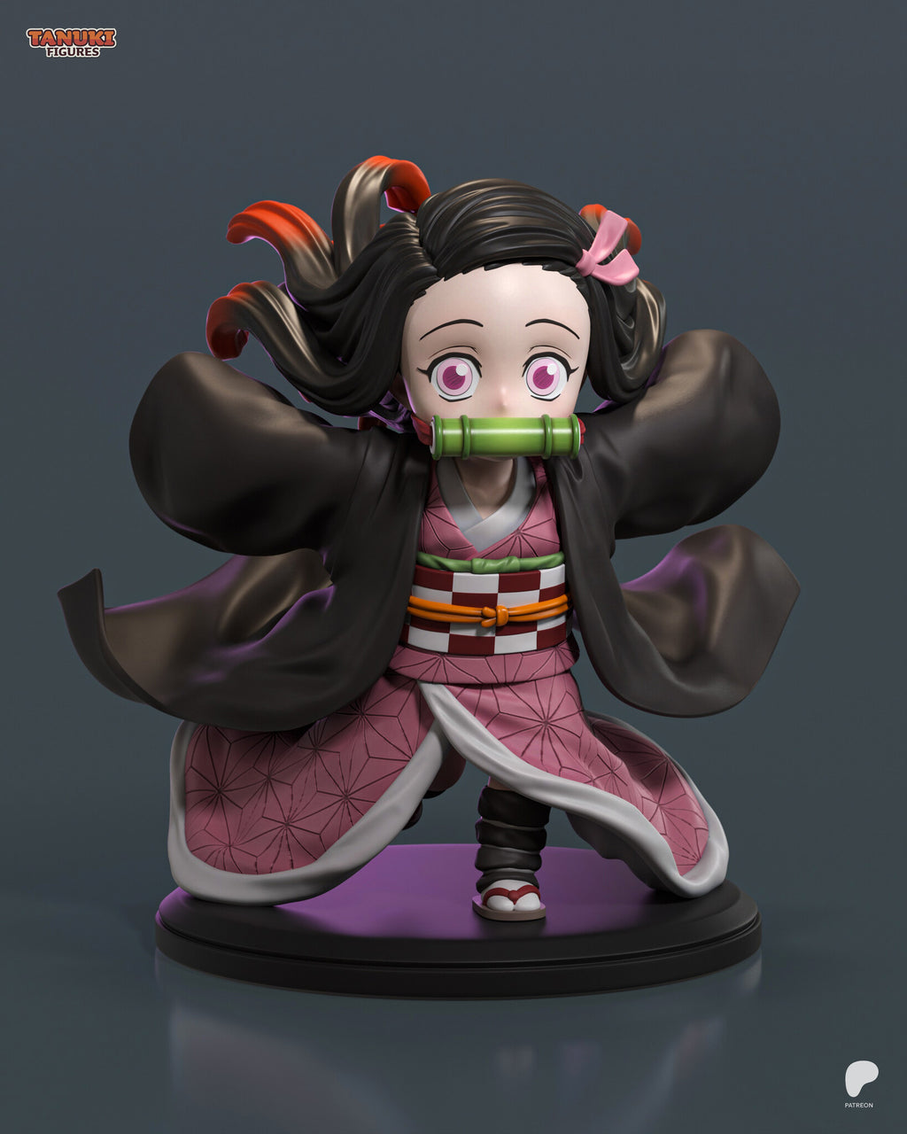 Sculptor's render of the painted design (kit ships unpainted): front view of the chibi girl running on a round base, black jacket flying out to both sides, with a bamboo muzzle and a pink patterned kimono