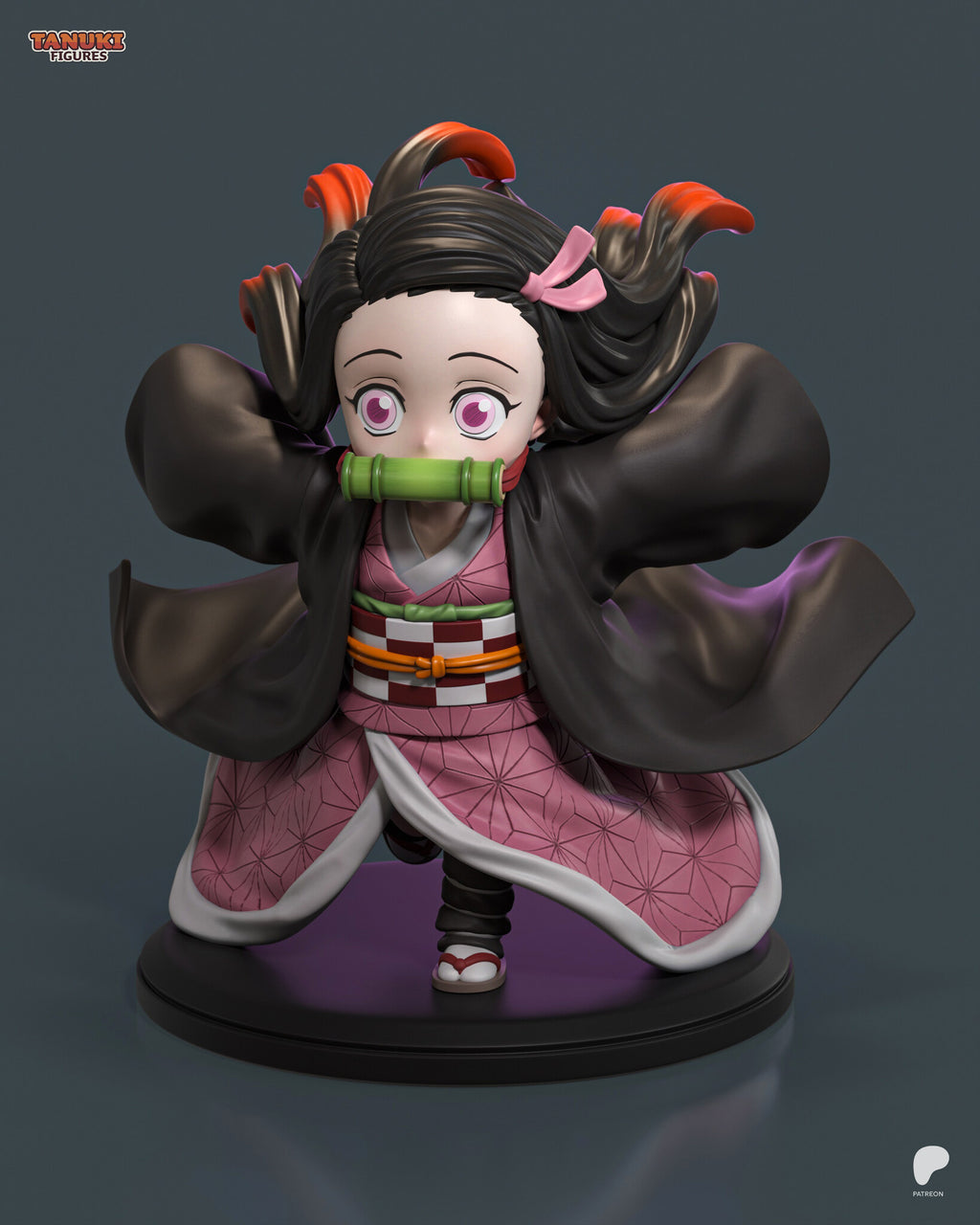 Sculptor's render (kit ships unpainted): lower front view showing the checkered sash and the kimono skirt flaring over the planted leg
