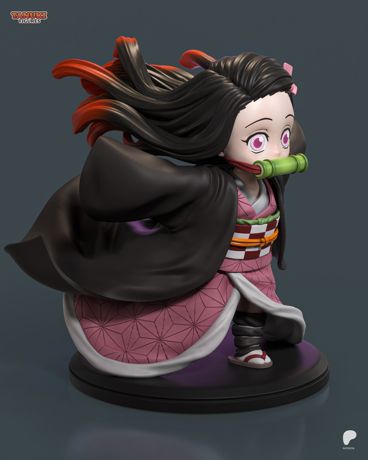 Sculptor's render (kit ships unpainted): three-quarter view with the long black hair streaming back to red-orange tips