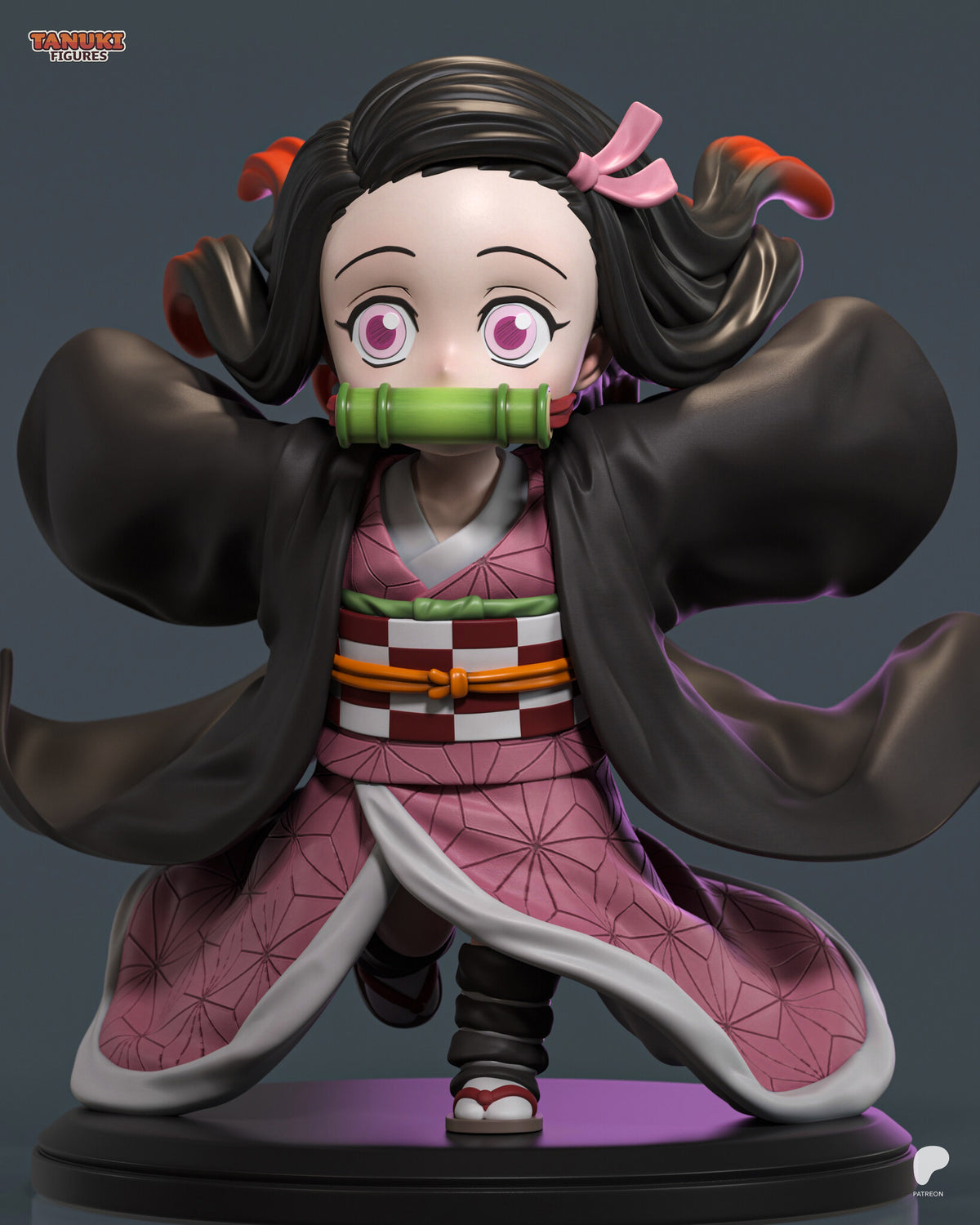 Sculptor's render (kit ships unpainted): closer front view from head to feet, with the pink eyes, ribbon and bamboo muzzle