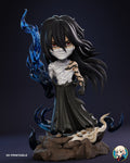 Sculptor's render of the painted design (kit ships unpainted): full front view of the long-haired fighter in a bandage mask and black hakama, a blue-black energy plume rising from his right arm, on the broken-rock base ringed by dark tendrils