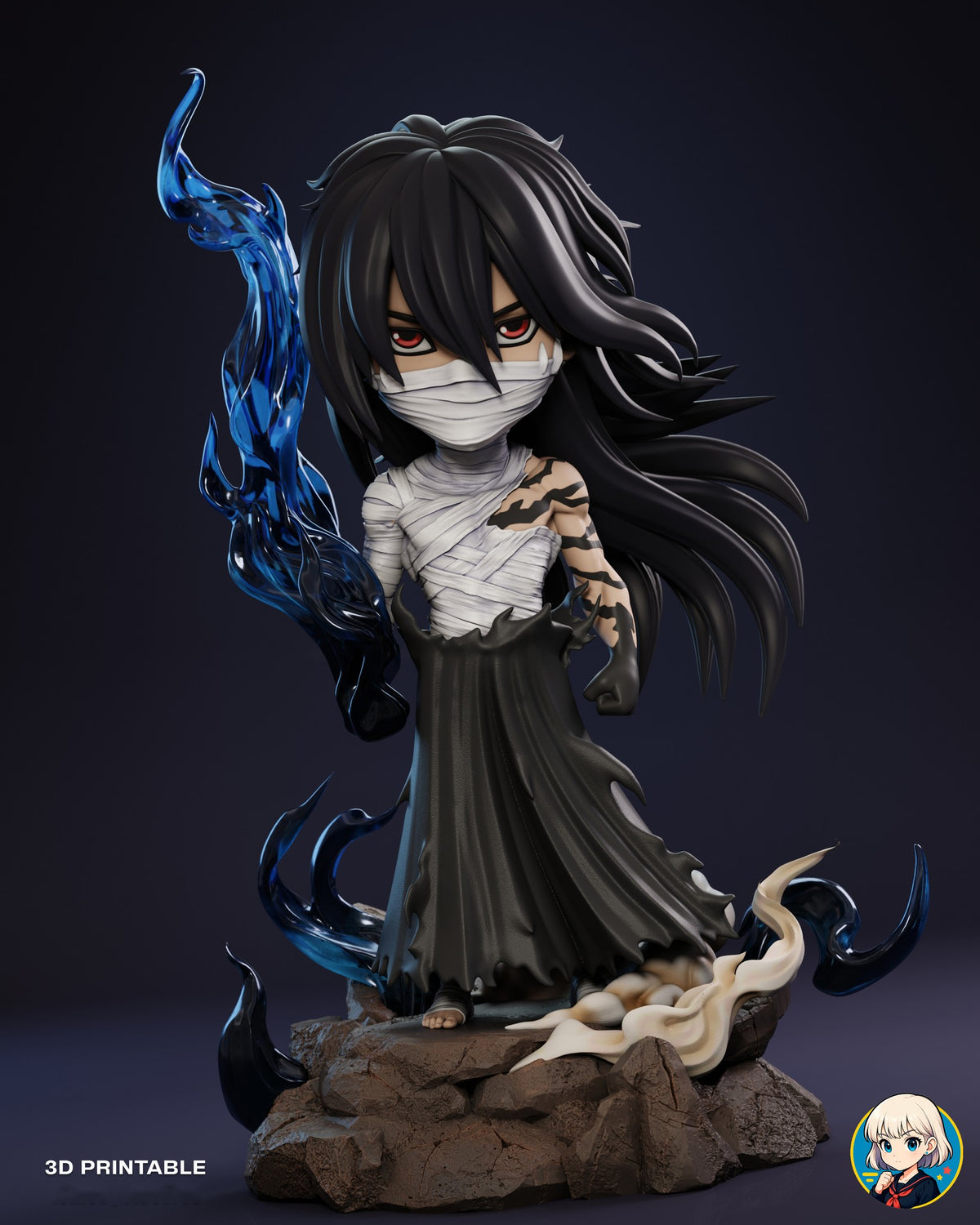 Sculptor's render of the painted design (kit ships unpainted): full front view of the long-haired fighter in a bandage mask and black hakama, a blue-black energy plume rising from his right arm, on the broken-rock base ringed by dark tendrils