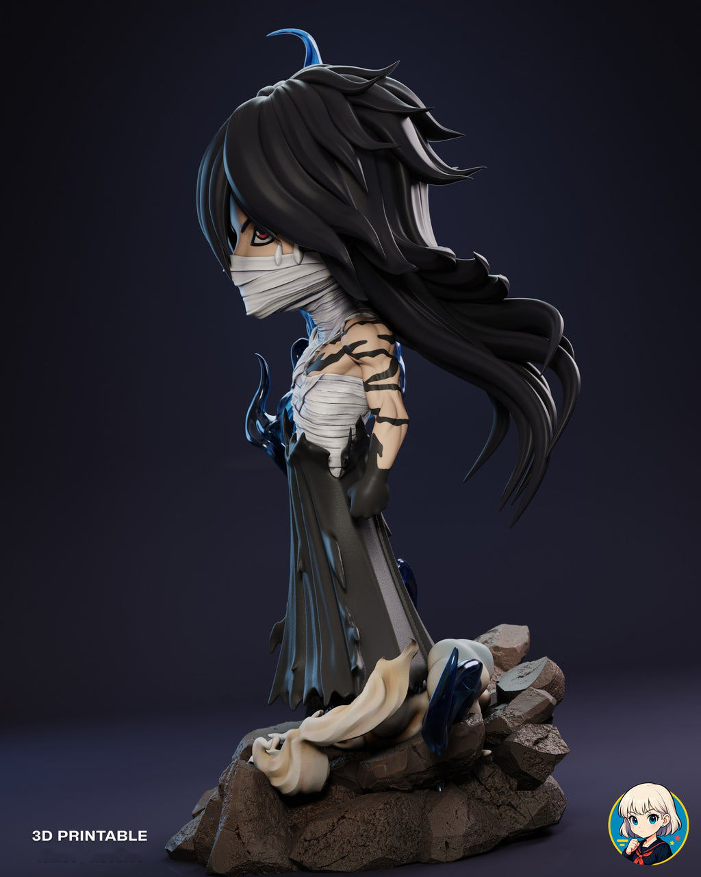 Sculptor's render (kit ships unpainted): side view from his left with the long black hair streaming behind him over the rock base