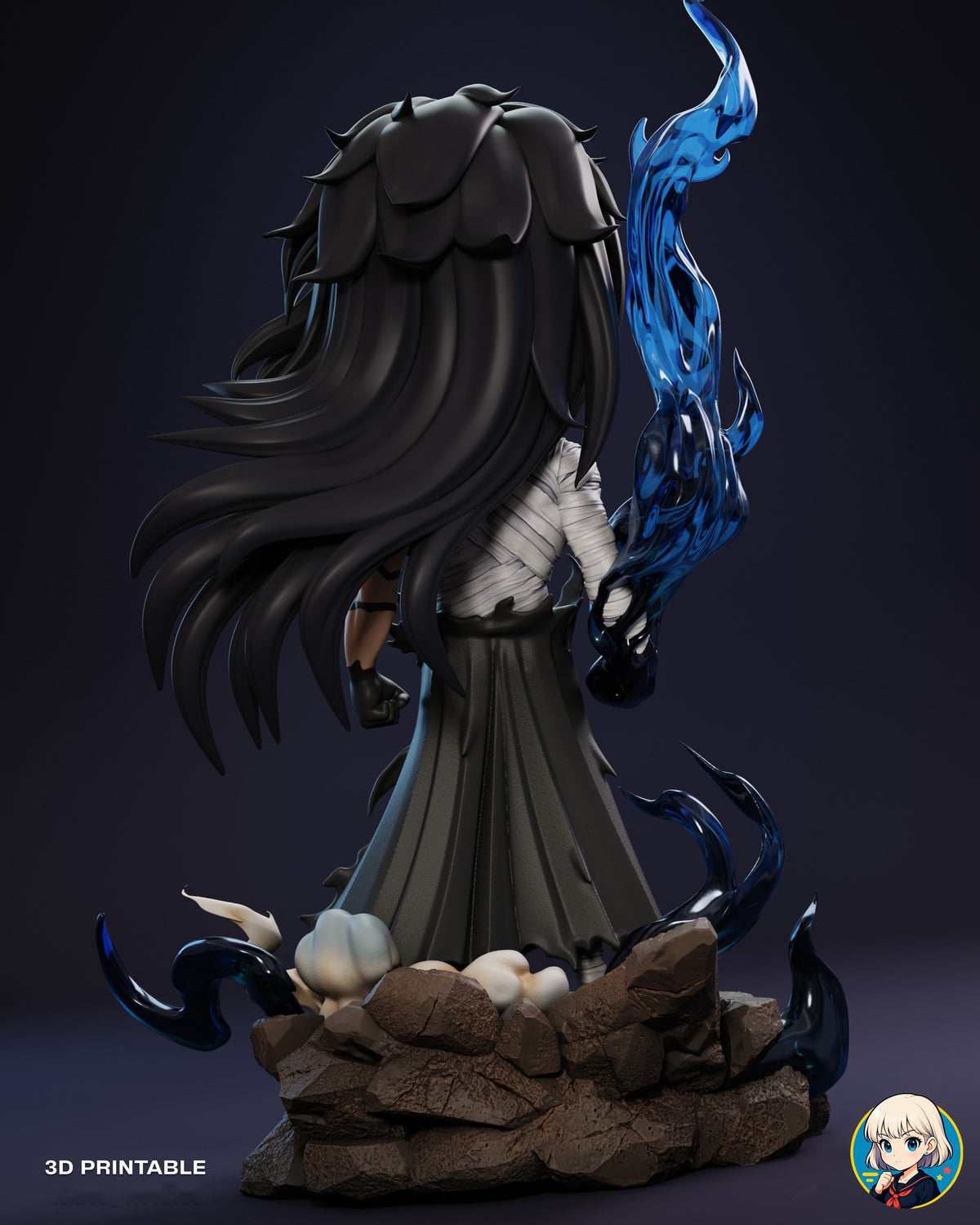 Sculptor's render (kit ships unpainted): back view with the long hair, the pleated back of the hakama and the tendrils at the back of the base