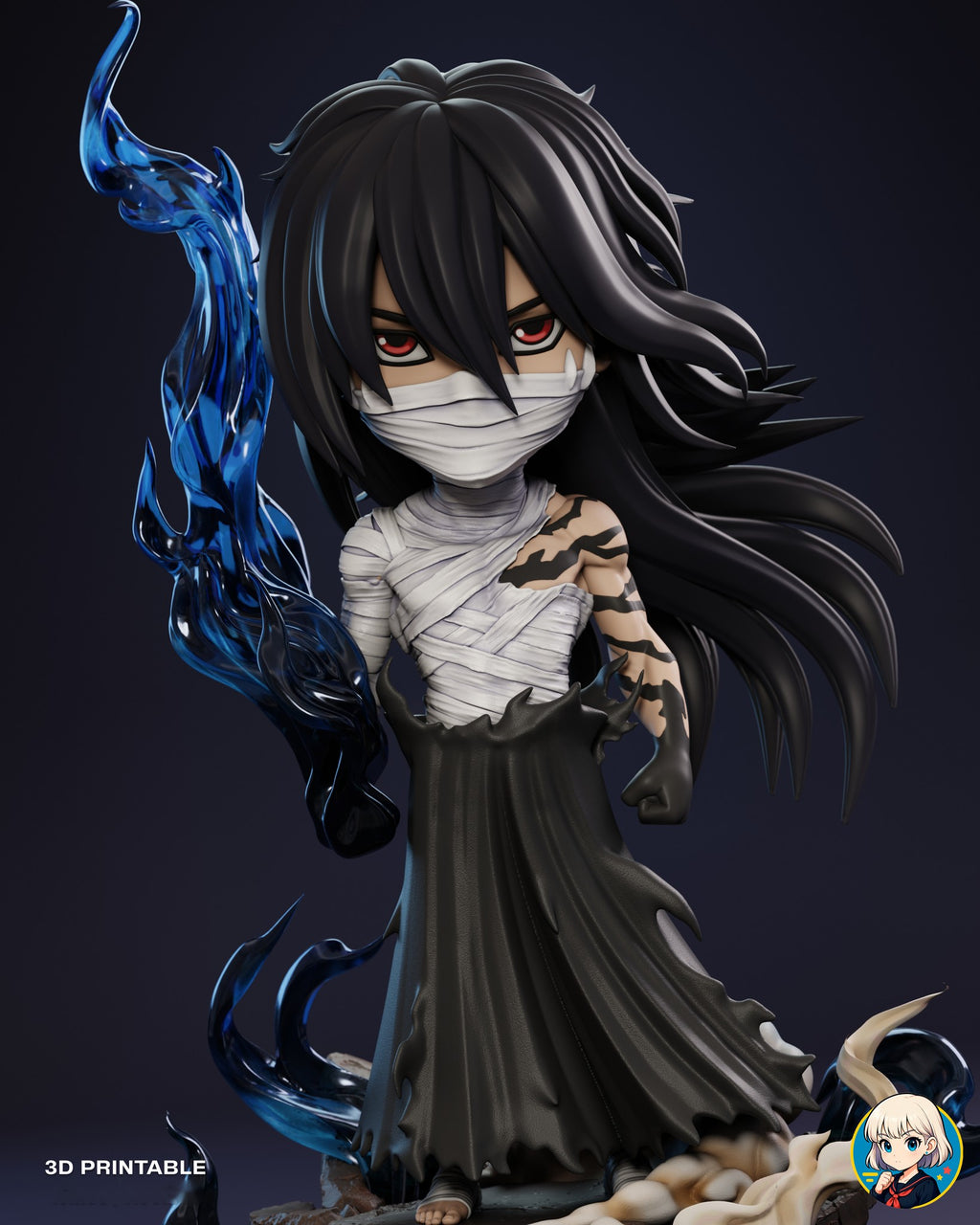 Sculptor's render (kit ships unpainted): front view from the plume tip to the ankles, showing the torn hakama