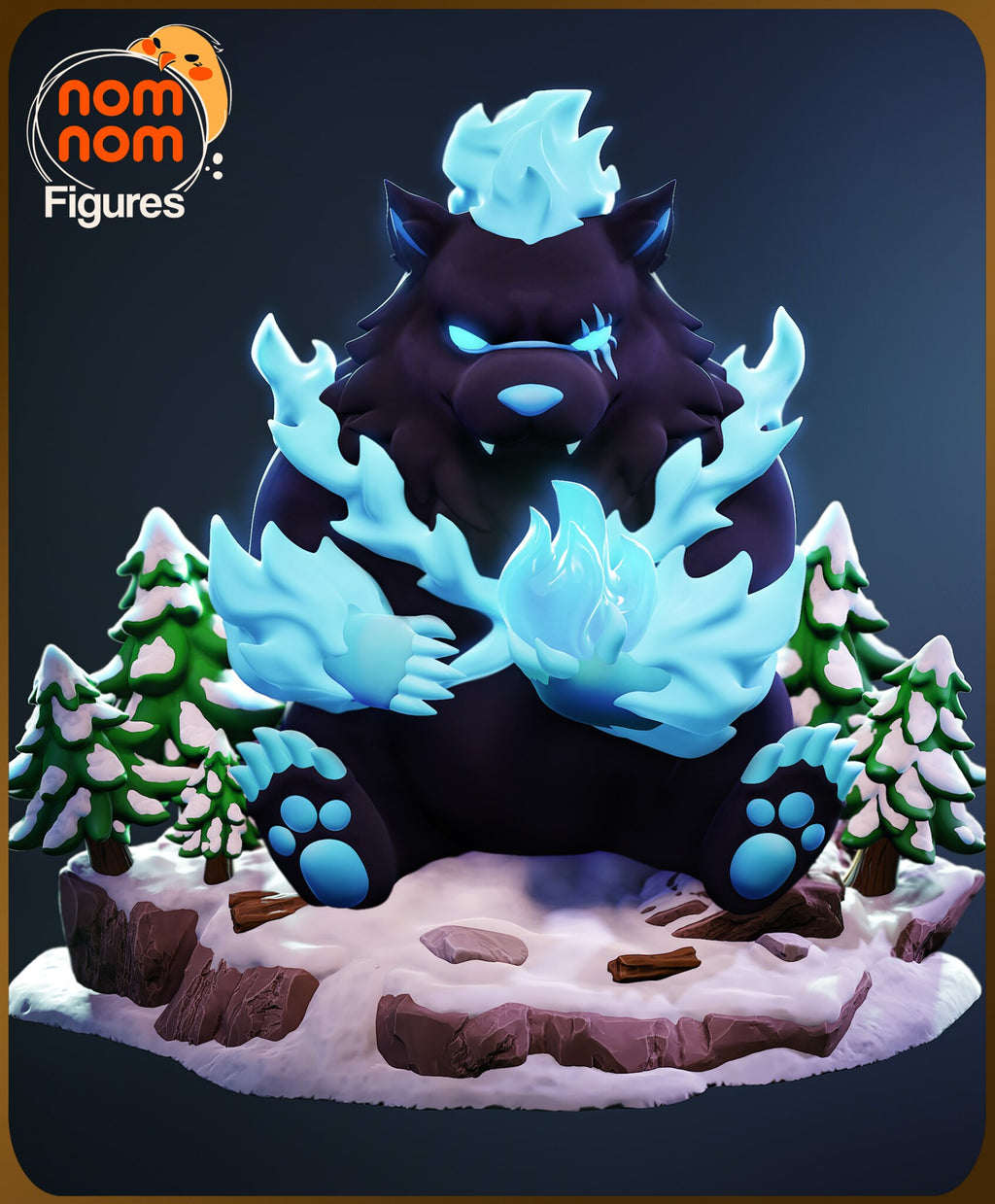 Sculptor's render of the painted design (kit ships unpainted): front view of the chibi black bear sitting on the snowy rock base holding a ball of blue fire, ringed by five snow-capped pine trees