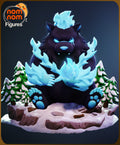Sculptor's render of the painted design (kit ships unpainted): front view of the chibi black bear sitting on the snowy rock base holding a ball of blue fire, ringed by five snow-capped pine trees