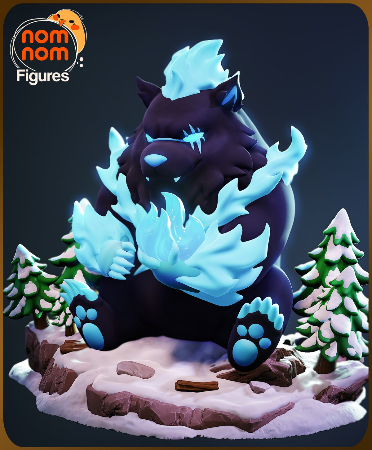 Sculptor's render (kit ships unpainted): three-quarter view with the blue flames wrapping his shoulders and forearms