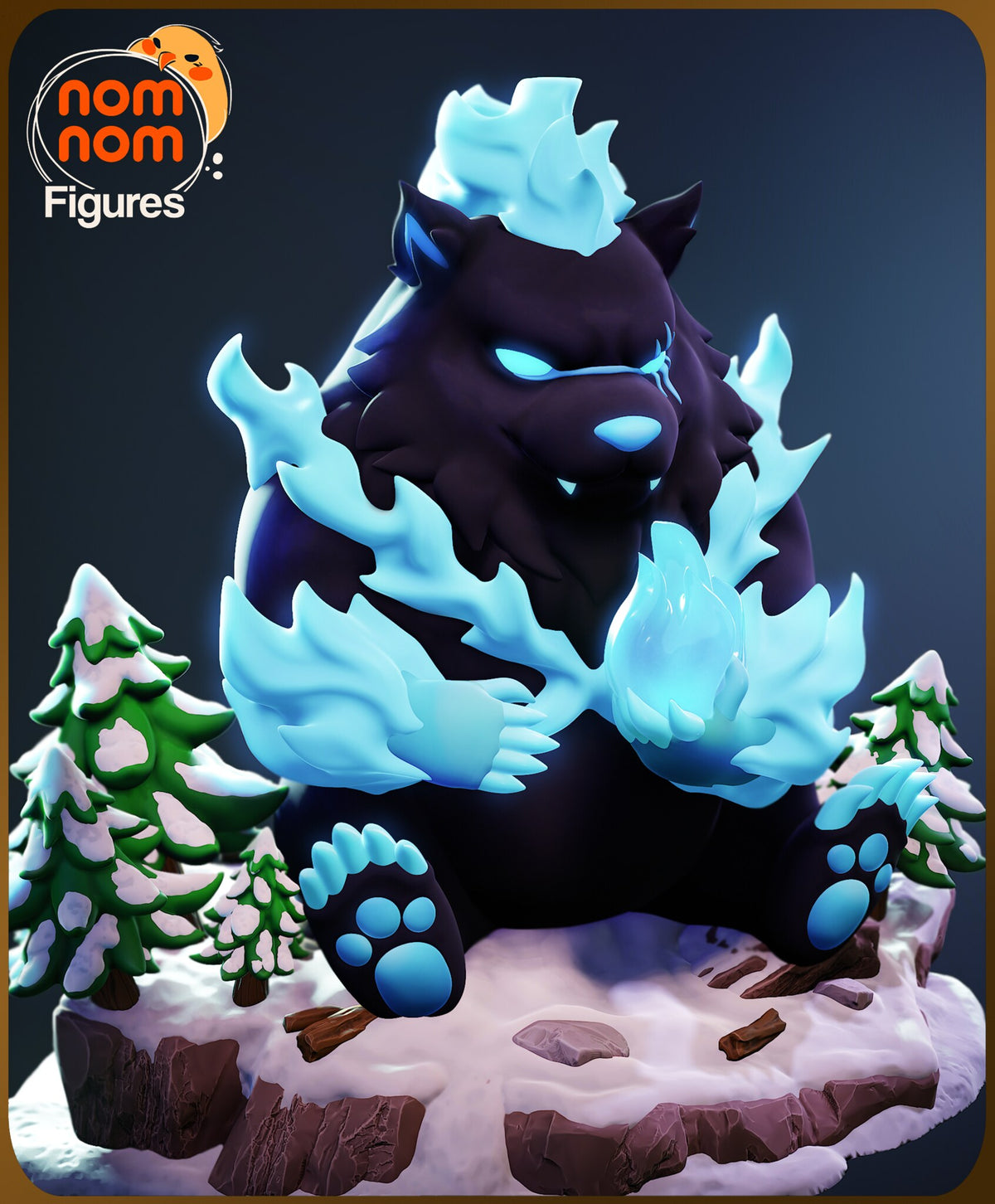 Sculptor's render (kit ships unpainted): three-quarter view from his scarred side, a blue paw pad toward the camera and pines clustered behind