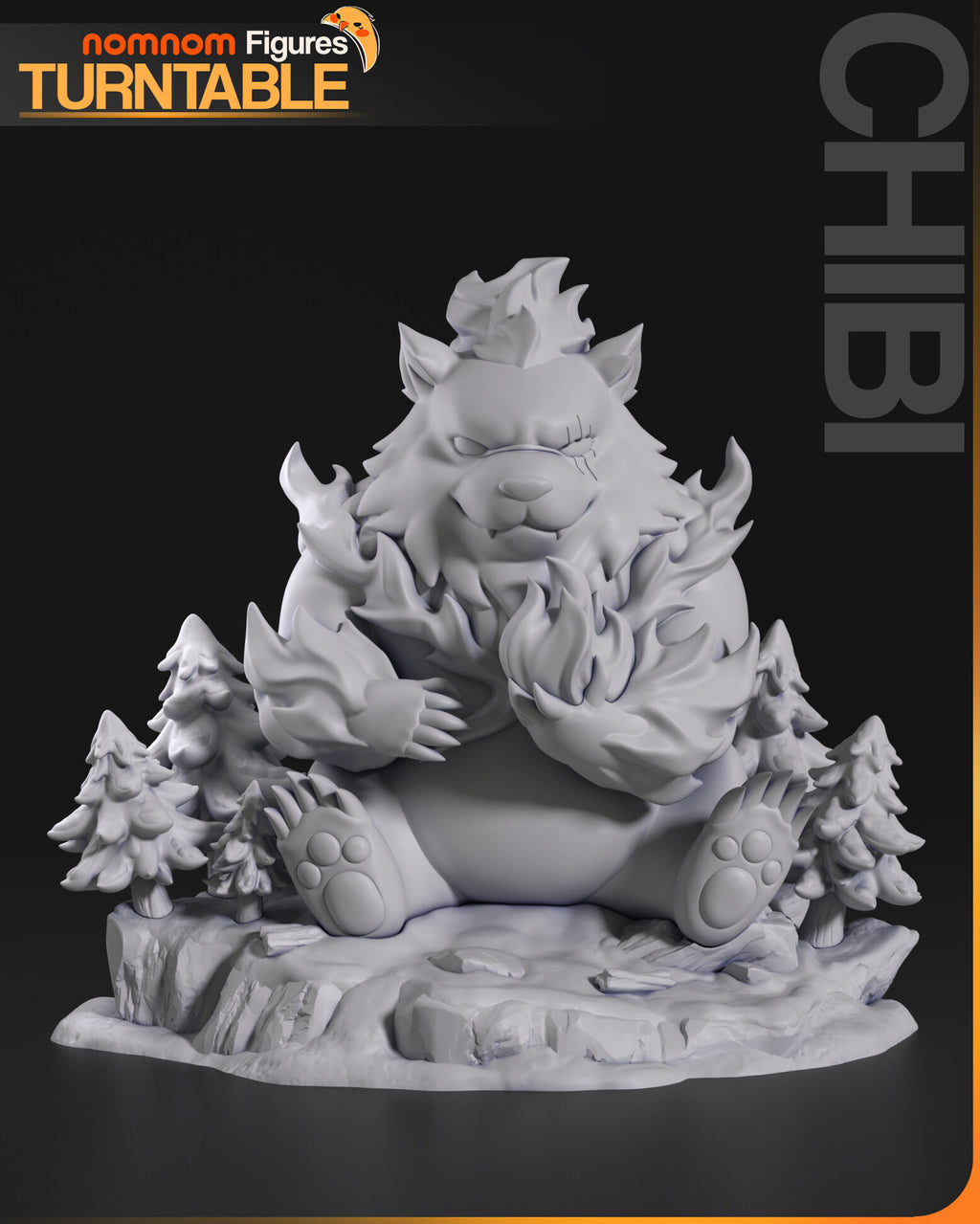 Sculptor's render (kit ships unpainted): unpainted gray front view showing the sculpted fur, the flames and the snow on the trees