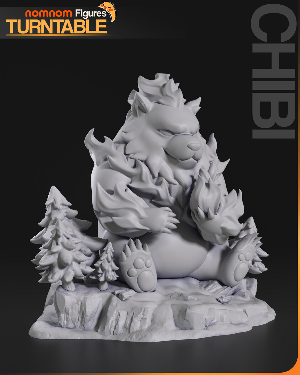 Sculptor's render (kit ships unpainted): gray three-quarter view of the round belly and the flames wrapping his arms