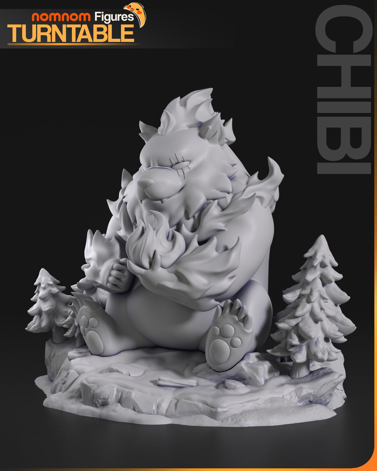 Sculptor's render (kit ships unpainted): gray three-quarter view from the scarred side, the flame crest curling over his head