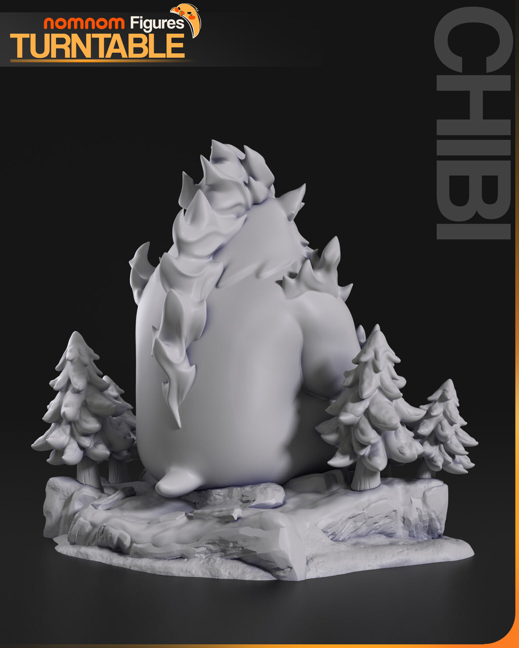 Sculptor's render (kit ships unpainted): gray rear view of the flames running down his back and the pines from behind
