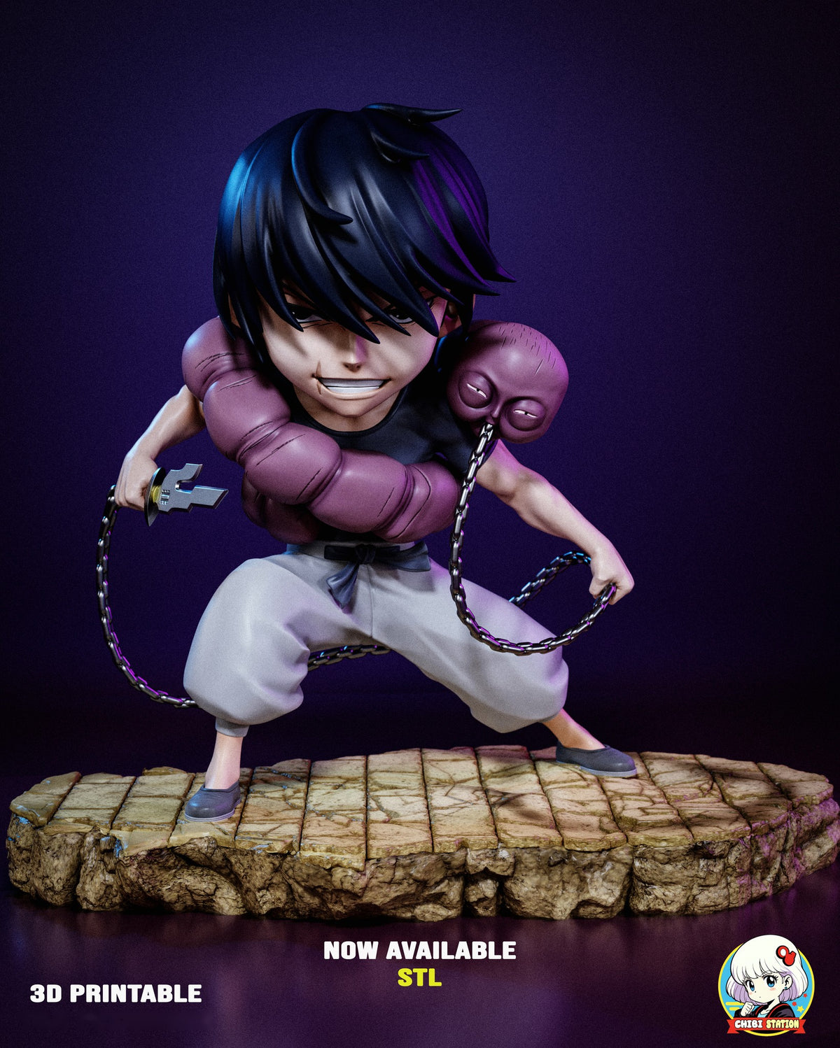 Sculptor's render of the painted design (kit ships unpainted): front view of the whole figure crouched on the cracked tile slab, chains looping from both hands and the worm creature over his shoulders