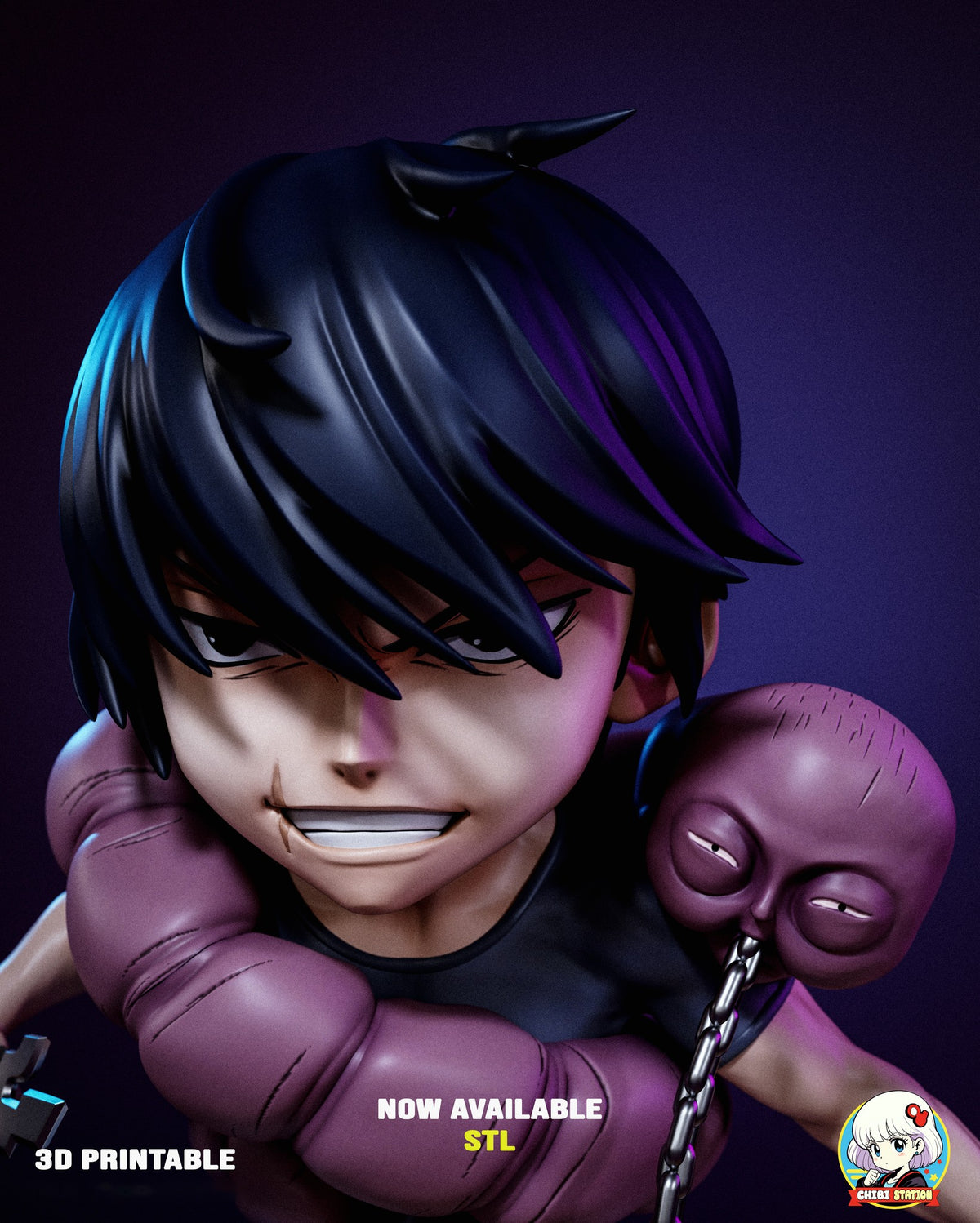 Sculptor's render (kit ships unpainted): high close-up of the black hair, the scarred grin and the creature's sleepy-eyed bald head