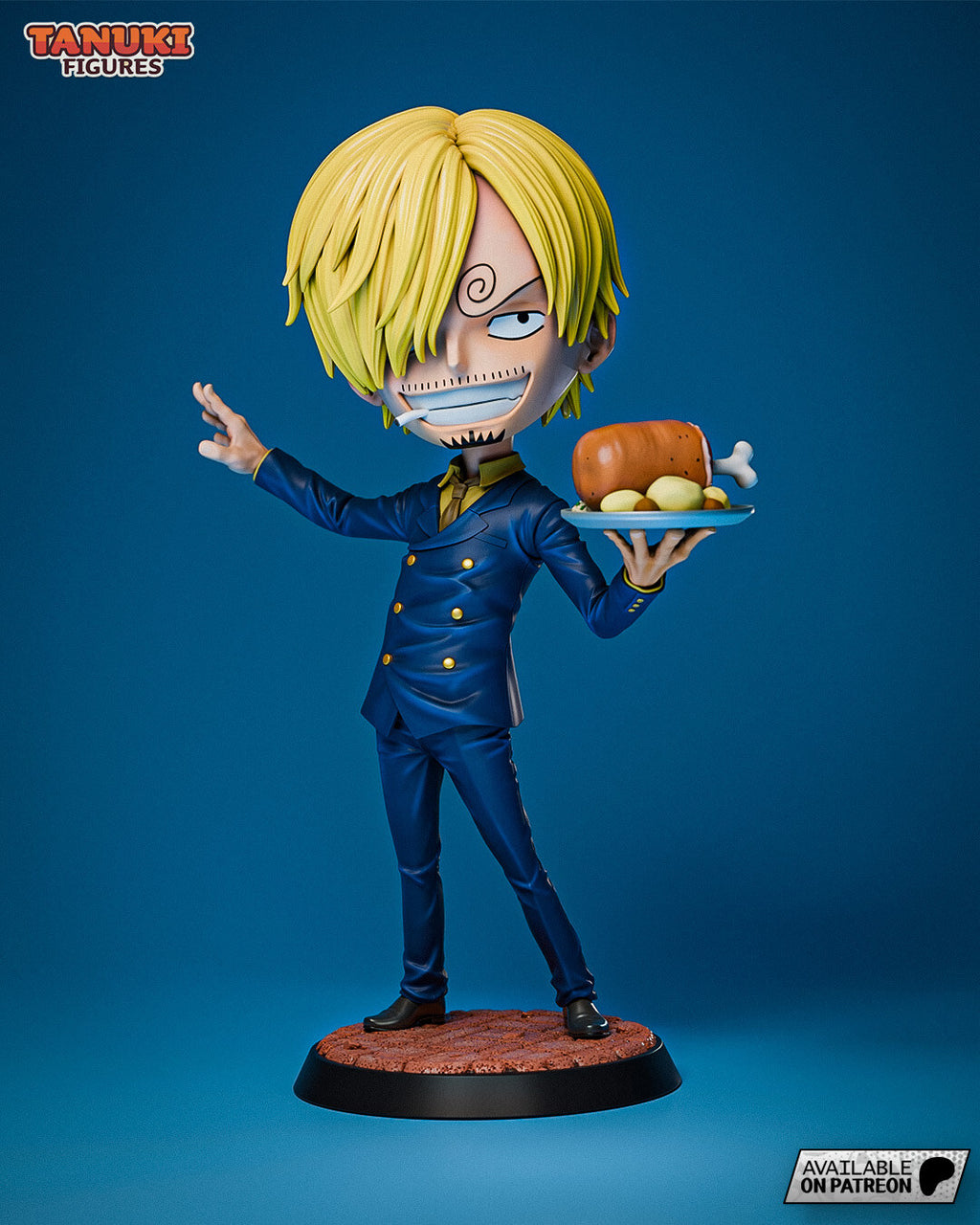 Sculptor's render of the painted design (kit ships unpainted): three-quarter front view of the chibi blond chef in a blue double-breasted suit holding out a plate with a roast on the bone, on a round brick-topped base