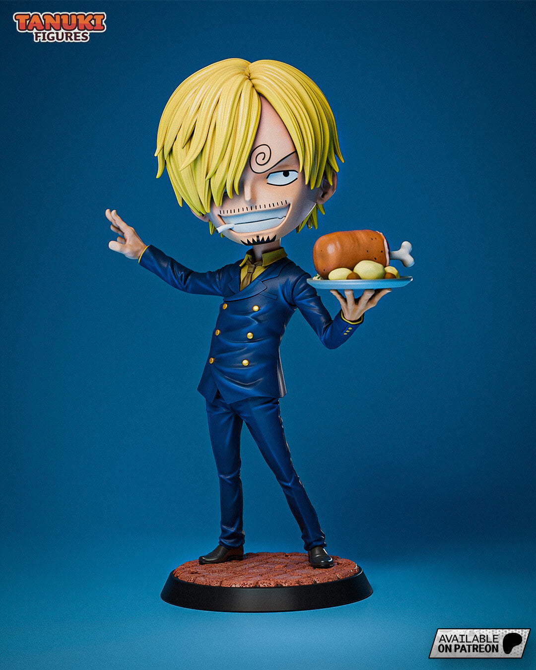 Sculptor's render of the painted design (kit ships unpainted): three-quarter front view of the chibi blond chef in a blue double-breasted suit holding out a plate with a roast on the bone, on a round brick-topped base
