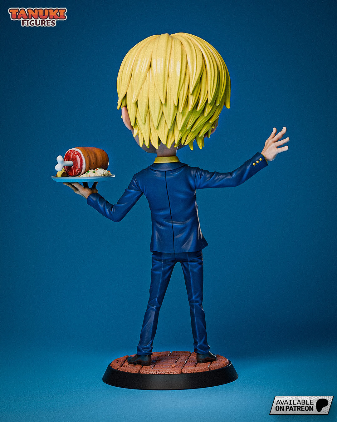 Sculptor's render (kit ships unpainted): rear view of the layered blond hair and the back of the suit
