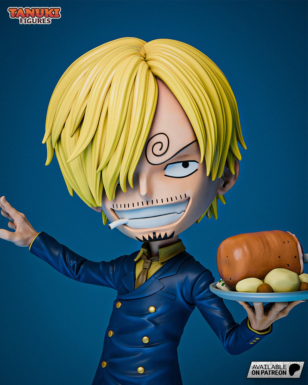 Sculptor's render (kit ships unpainted): close-up of the face with the spiral eyebrow, wide grin, cigarette and goatee, and the plate of food