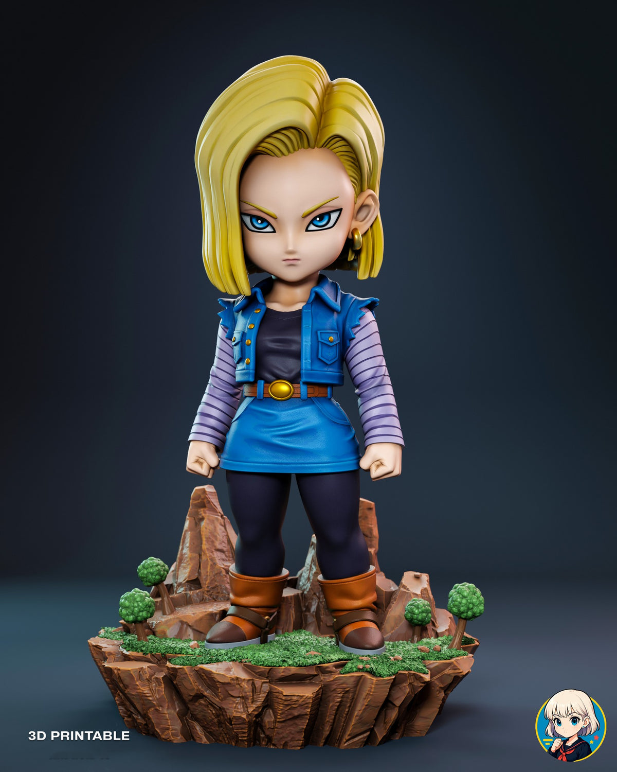 Sculptor's render of the painted design (kit ships unpainted): front full view of the chibi blonde fighter in a denim vest and skirt on a grassy rock base with four small trees