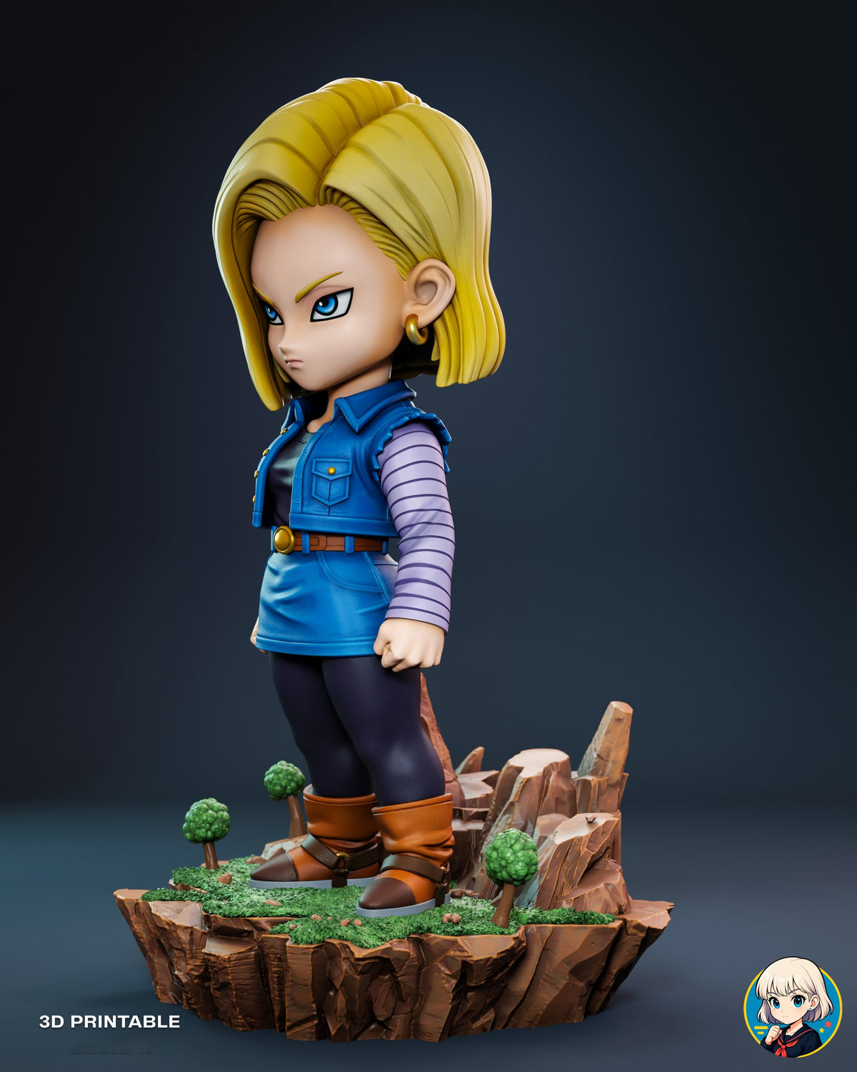 Sculptor's render (kit ships unpainted): three-quarter view from her left with the gold hoop earring, cropped vest and strapped boots