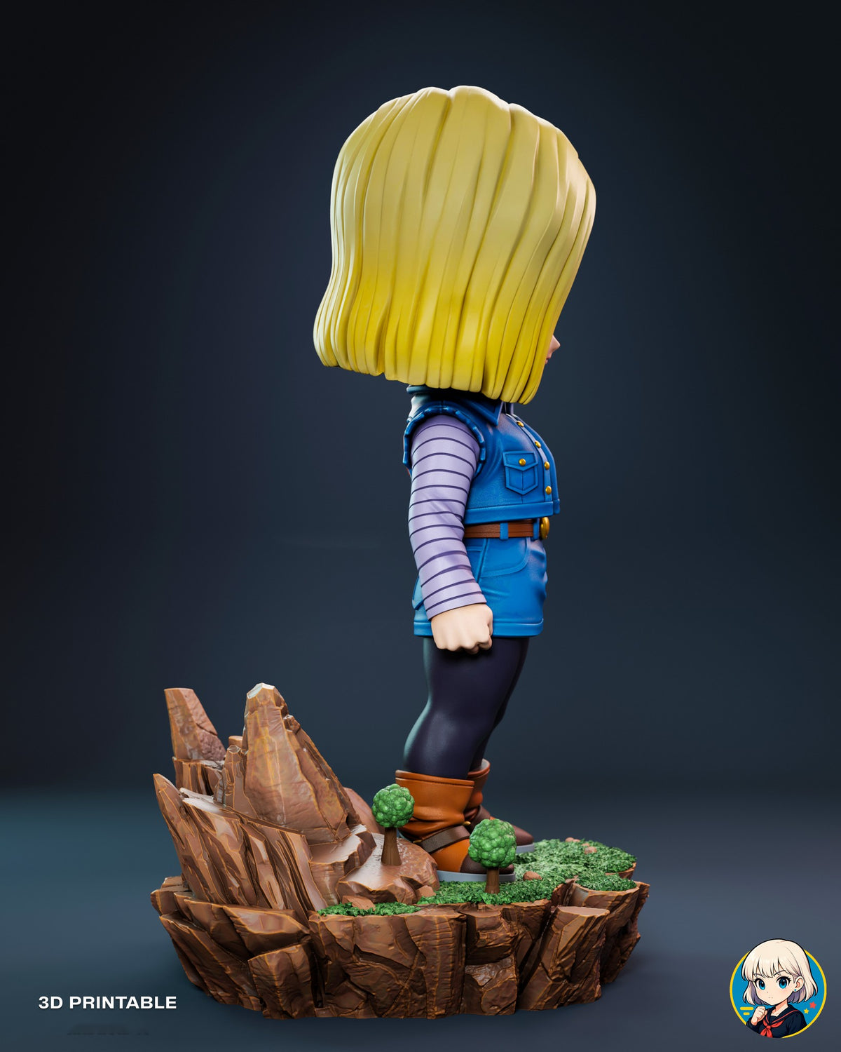 Sculptor's render (kit ships unpainted): side profile with the bob hanging past her back and the rock spires behind her