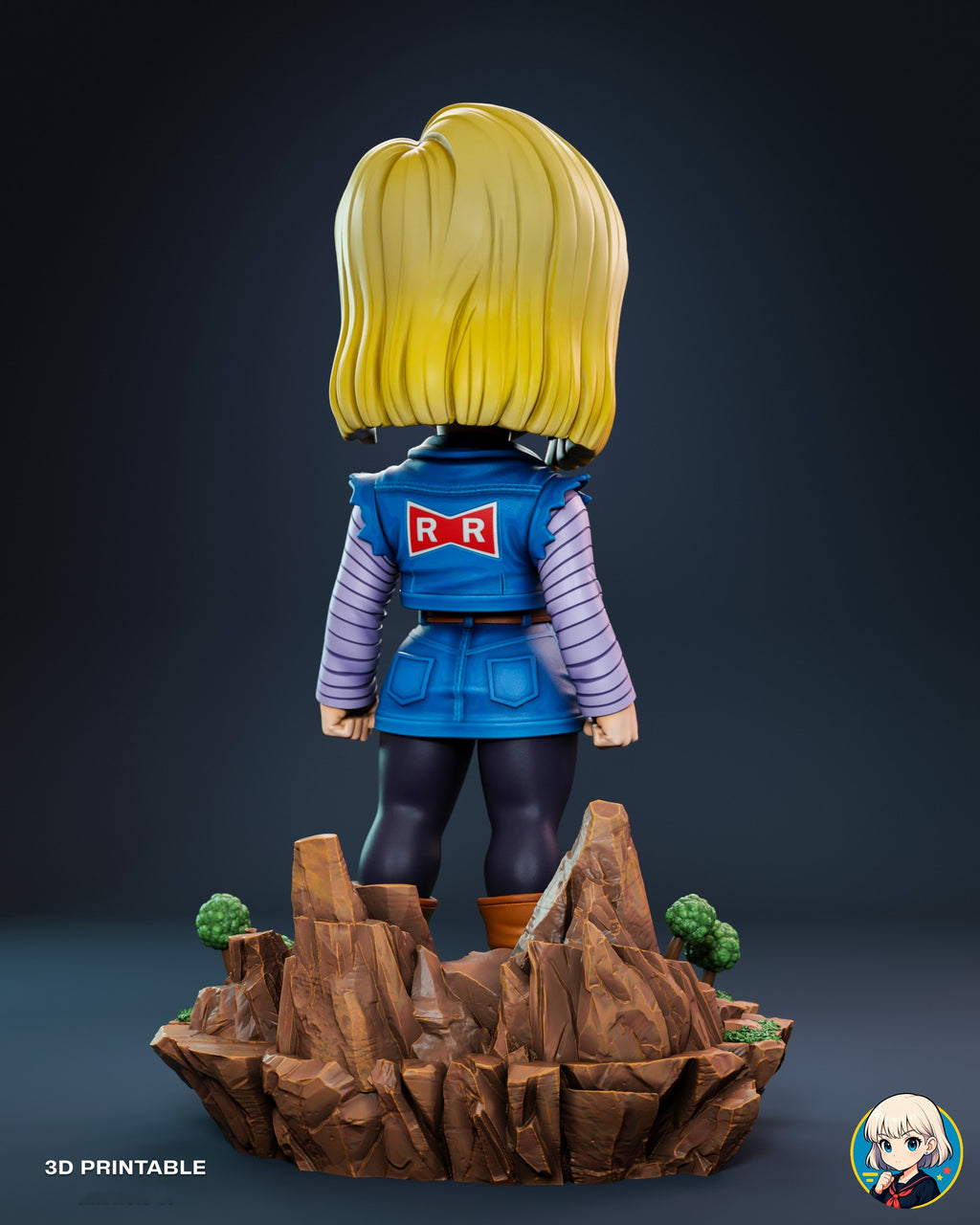 Sculptor's render (kit ships unpainted): back view with the red emblem on the denim vest and the tall rock spires