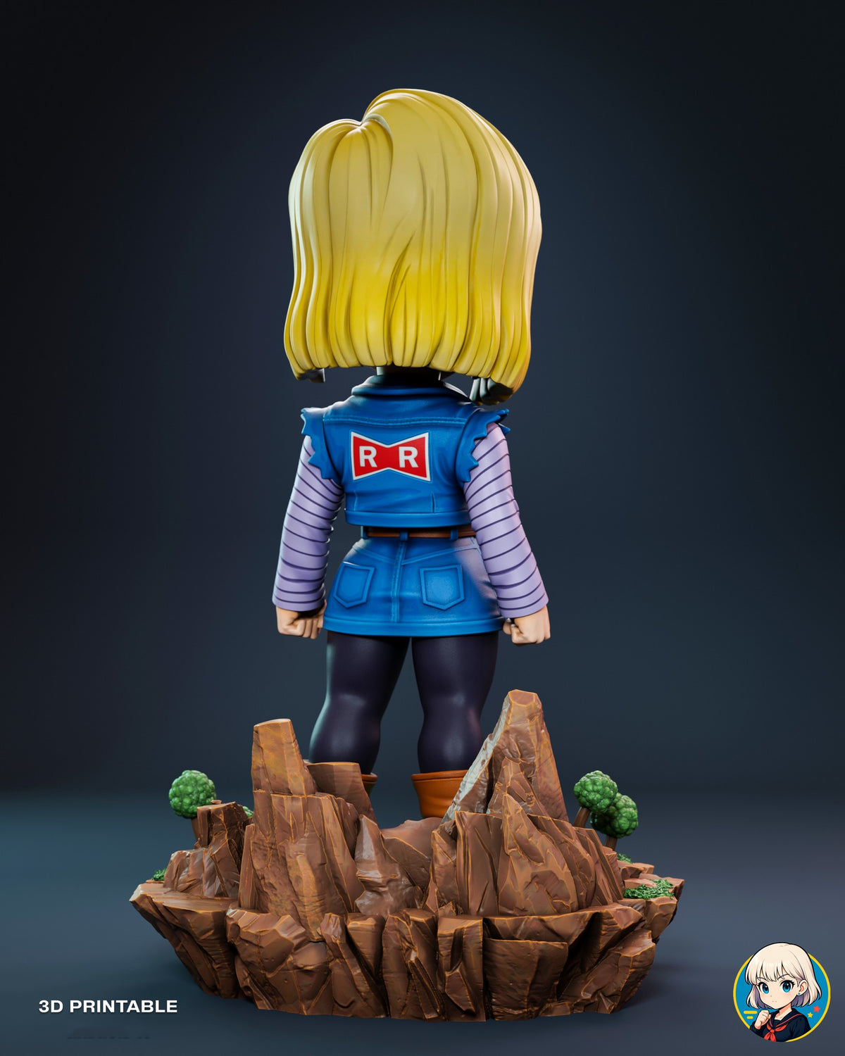 Sculptor's render (kit ships unpainted): back view with the red emblem on the denim vest and the tall rock spires