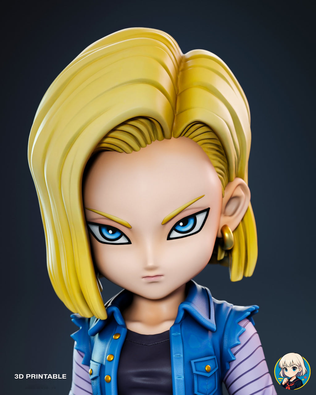 Sculptor's render (kit ships unpainted): close-up of the face with blue eyes, angled brows and the swept blonde bob