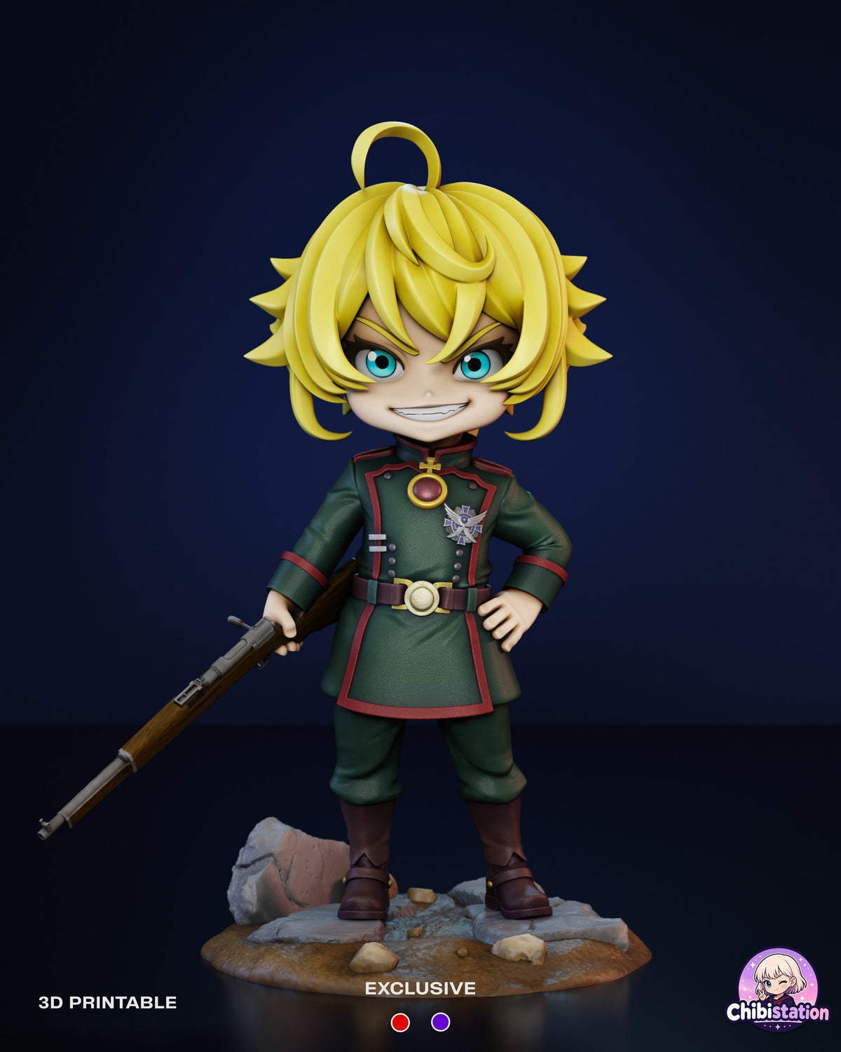 Sculptor's render of the painted design (kit ships unpainted): front view of the whole figure on the rocky base, hand on hip and rifle angled down past the base edge