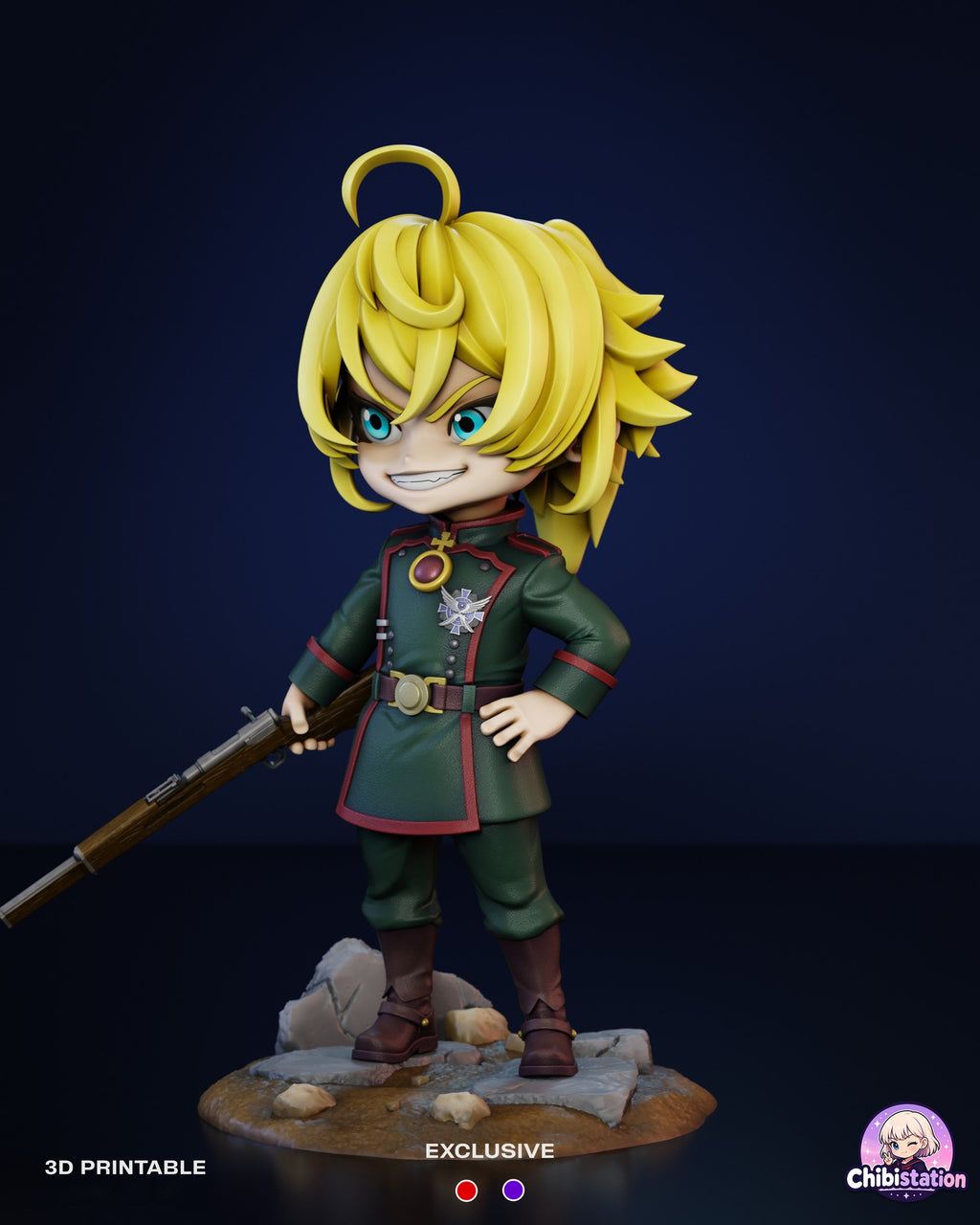 Sculptor's render (kit ships unpainted): three-quarter view from her left, showing the ponytail and the strapped brown boots