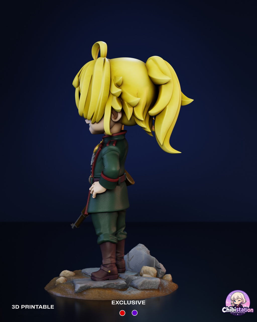 Sculptor's render (kit ships unpainted): side profile with the long ponytail, the hand on the hip and the rifle stock behind her
