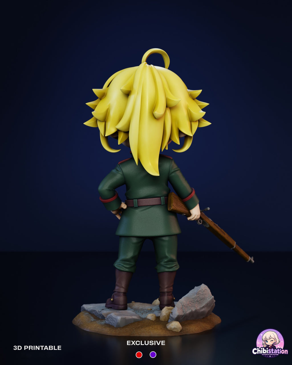 Sculptor's render (kit ships unpainted): back view with the ponytail, the plain back of the tunic and the belt