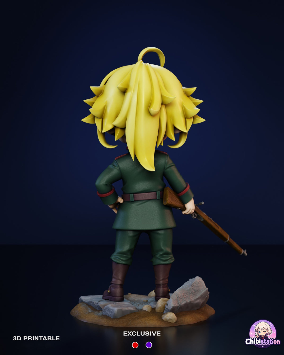 Sculptor's render (kit ships unpainted): back view with the ponytail, the plain back of the tunic and the belt