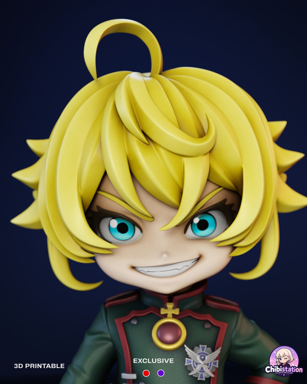 Sculptor's render (kit ships unpainted): close-up of the grinning face with cyan eyes and the brooch at the collar