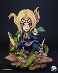 Sculptor's render of the painted design (kit ships unpainted): front view of the coat figure in a low stance on the rock base, with every root and both smoke bursts