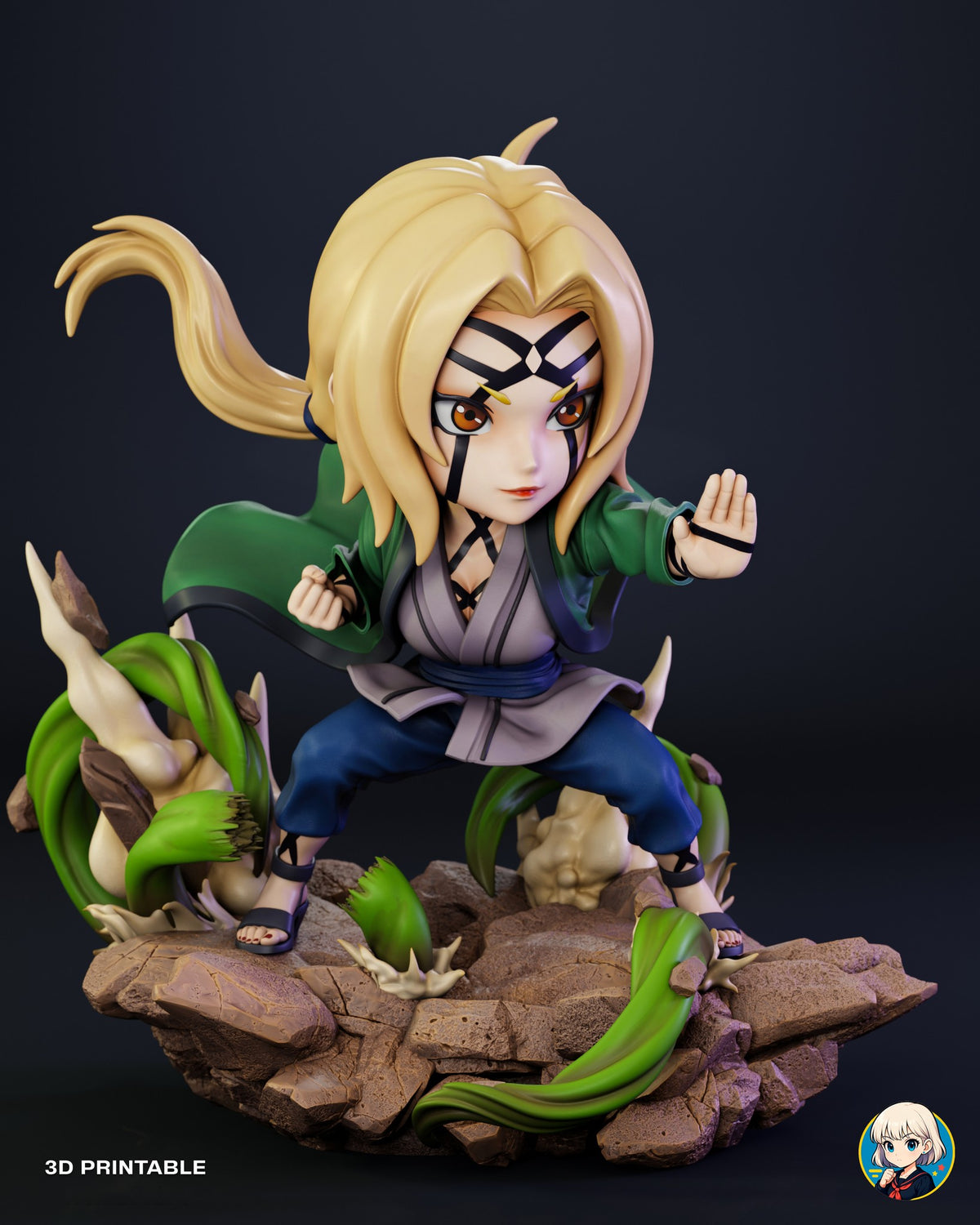 Sculptor's render (kit ships unpainted): three-quarter view from her right, with a ponytail and the coat streaming out to the side
