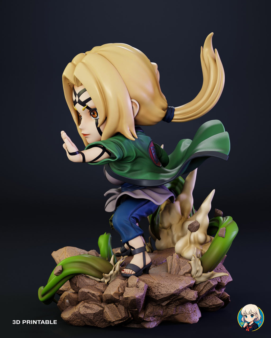 Sculptor's render (kit ships unpainted): left side profile with the palm thrust forward, the round emblem on the coat and the strapped sandals