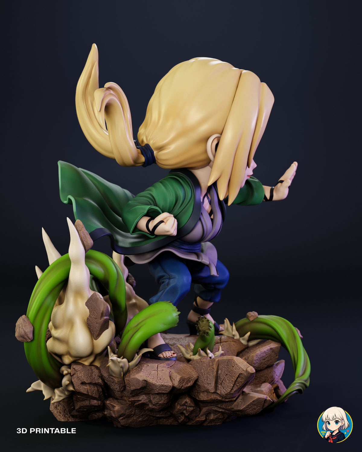 Sculptor's render (kit ships unpainted): rear three-quarter view with a ponytail tie and a green root curling around a smoke burst
