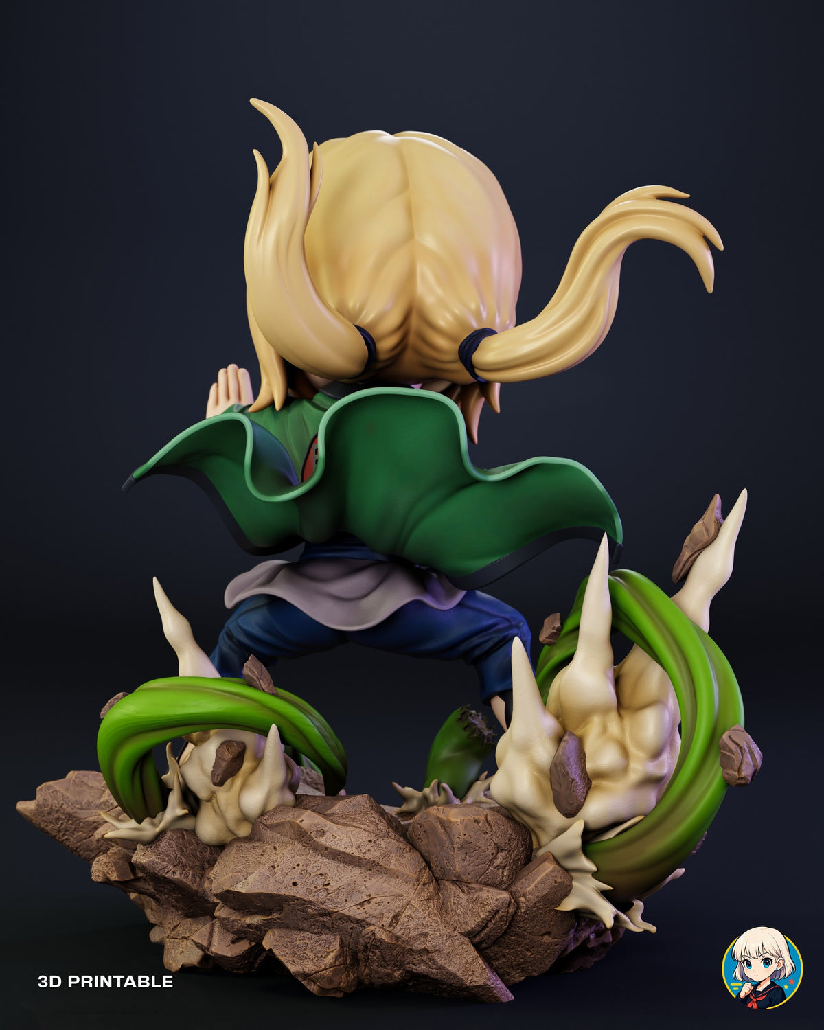 Sculptor's render (kit ships unpainted): back view of the coat and both ponytails over the rock base