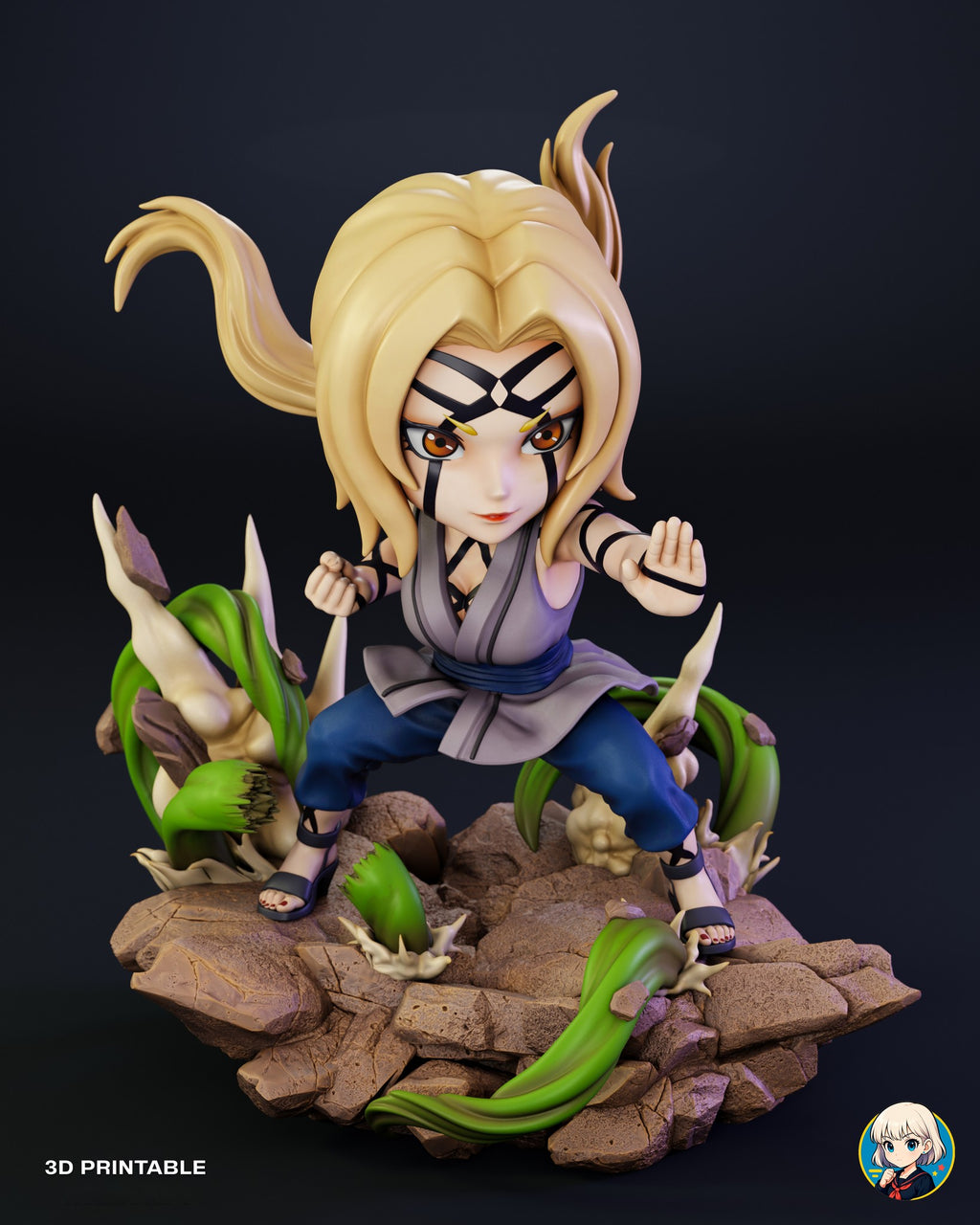 Sculptor's render (kit ships unpainted): the sleeveless figure seen from slightly above on the full rock base