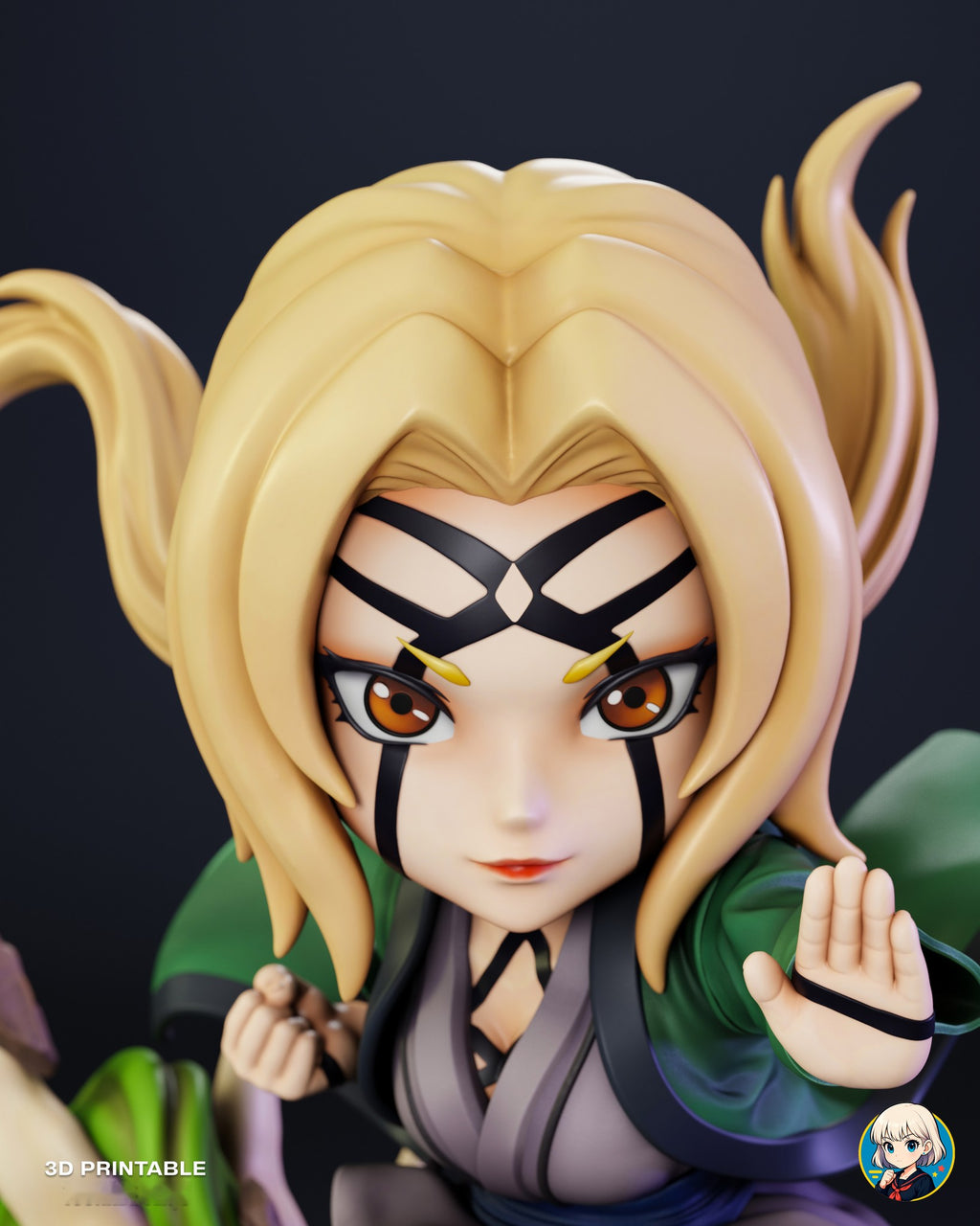 Sculptor's render (kit ships unpainted): close-up of the face with amber eyes and the black line markings across the forehead and cheeks