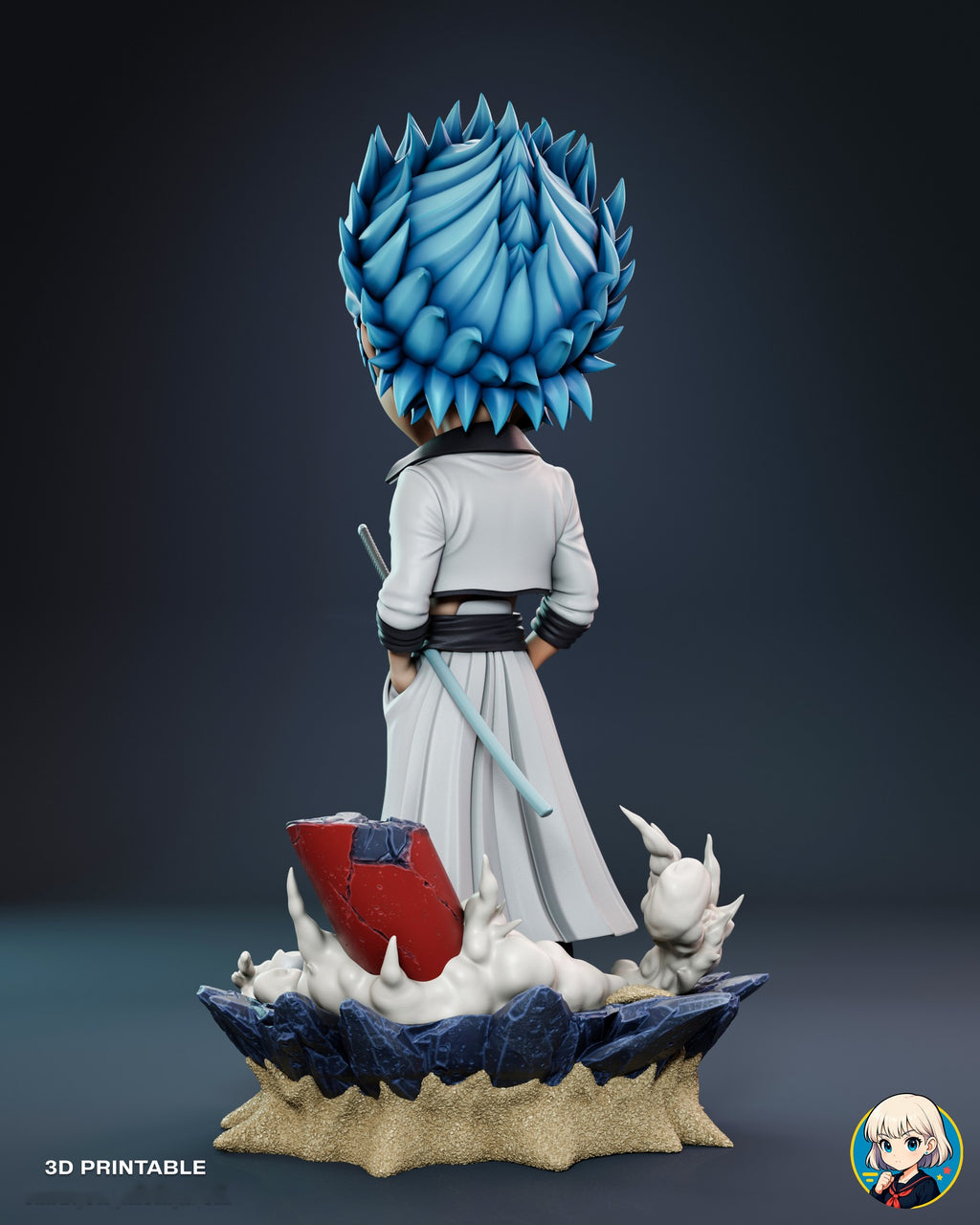 Sculptor's render (kit ships unpainted): back view with the spiky blue hair and the cracked red pillar beside him