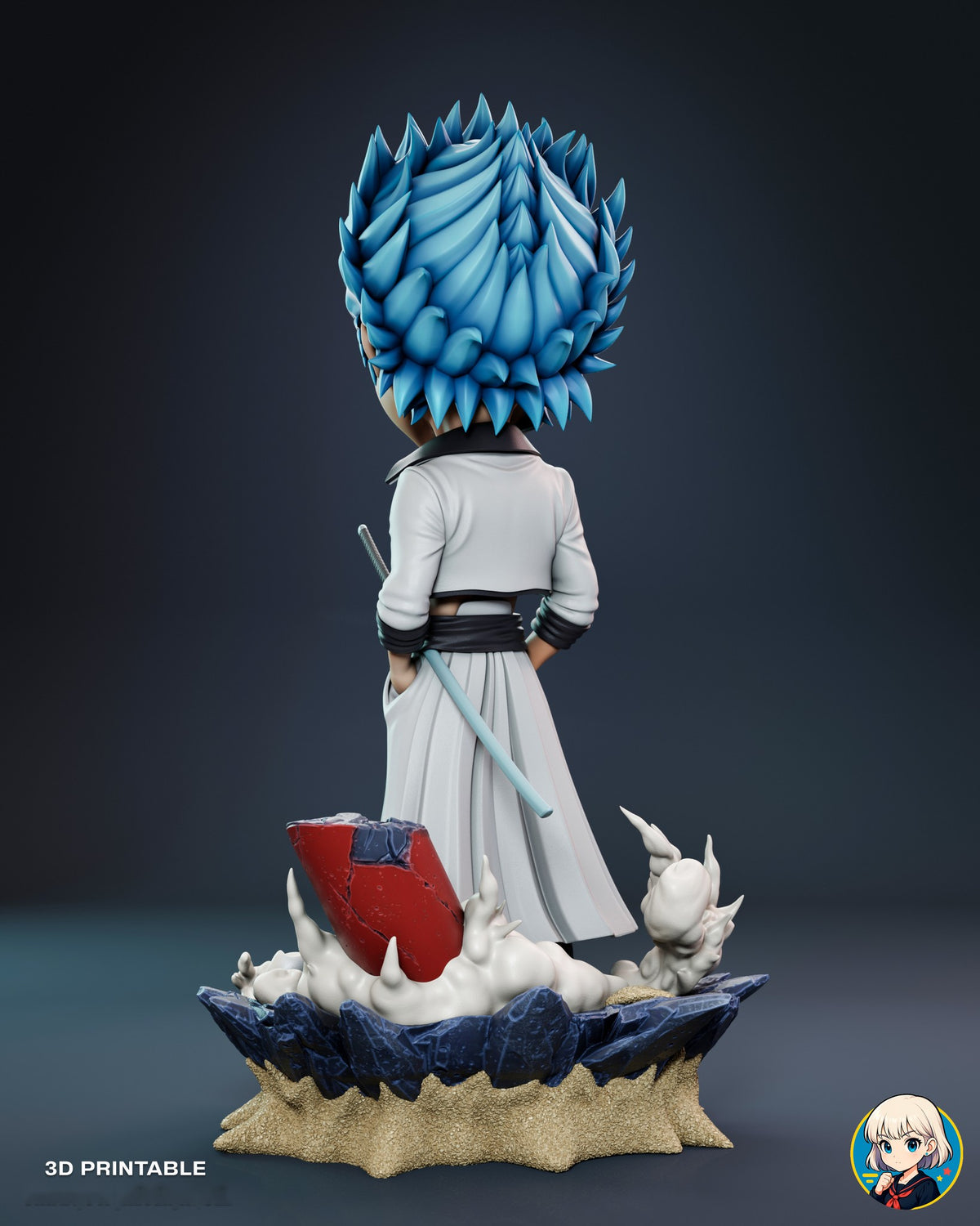 Sculptor's render (kit ships unpainted): back view with the spiky blue hair and the cracked red pillar beside him